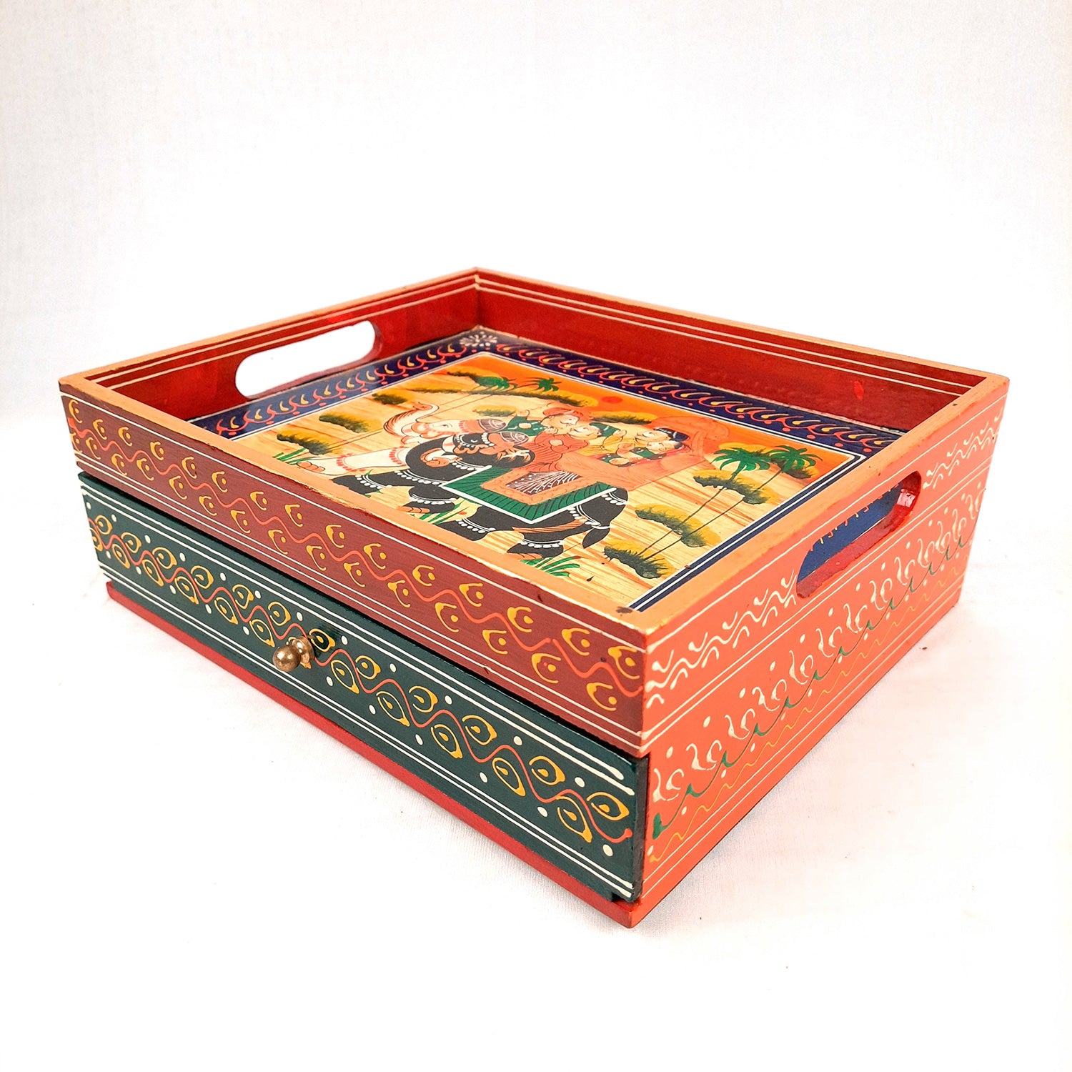 Serving Tray Wooden With Drawer | Tray Cum Organizer for Keeping Tea/ Sugar/ Coffee Sachet & Cutlery - for Home, Dining Table, Kitchen Decor, Restaurant, Office, Cafe - 12 Inch - Apkamart