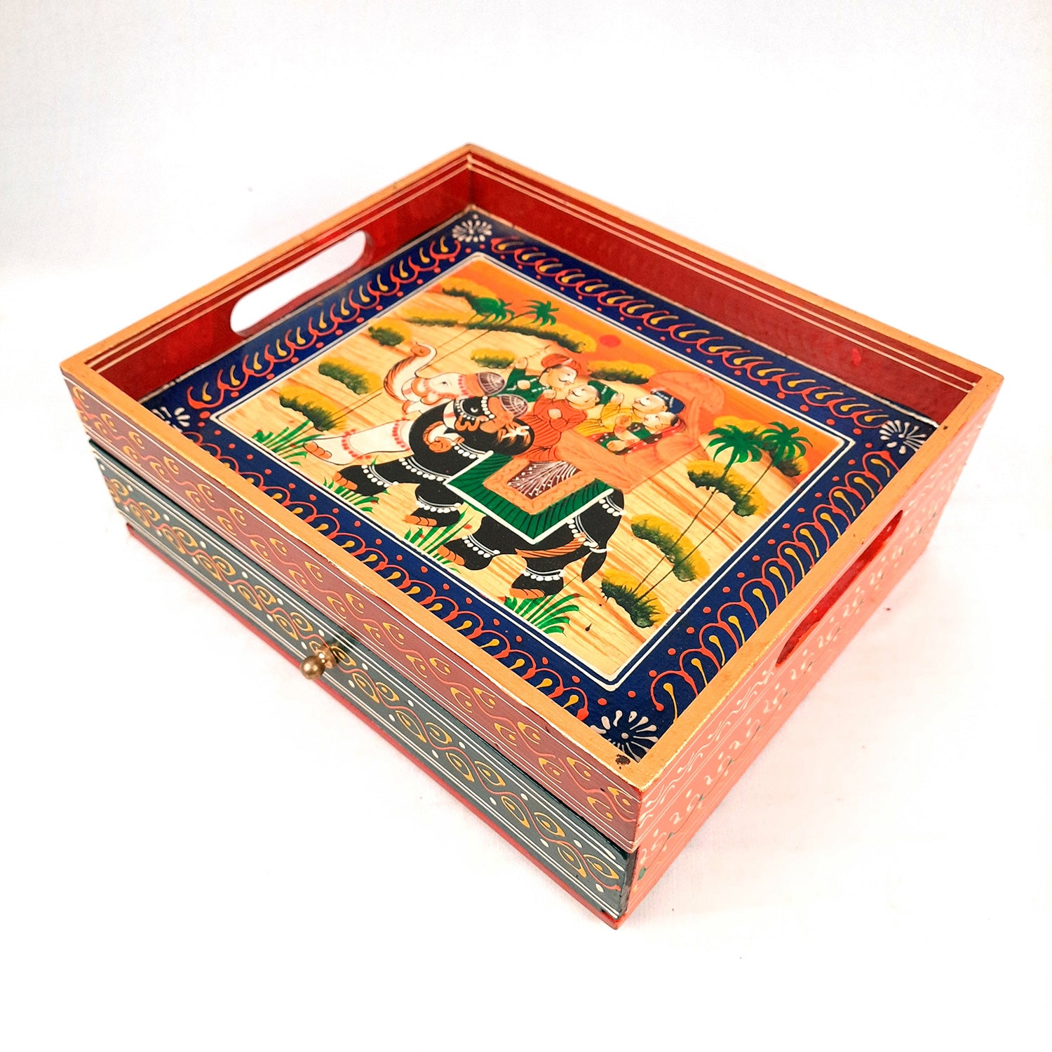 Serving Tray Wooden With Drawer | Tray Cum Organizer for Keeping Tea/ Sugar/ Coffee Sachet & Cutlery - for Home, Dining Table, Kitchen Decor, Restaurant, Office, Cafe - 12 Inch - Apkamart