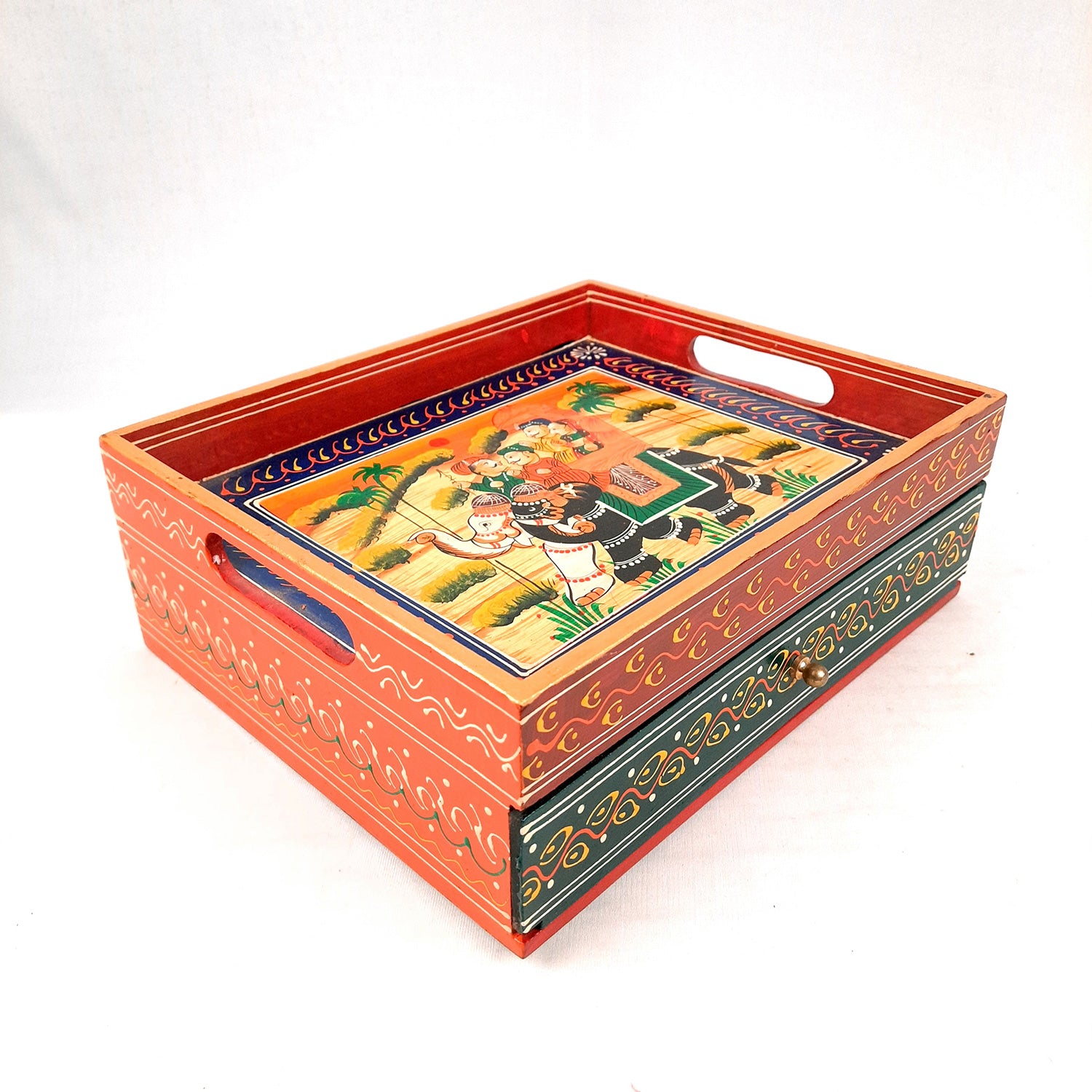 Serving Tray Wooden With Drawer | Tray Cum Organizer for Keeping Tea/ Sugar/ Coffee Sachet & Cutlery - for Home, Dining Table, Kitchen Decor, Restaurant, Office, Cafe - 12 Inch - Apkamart