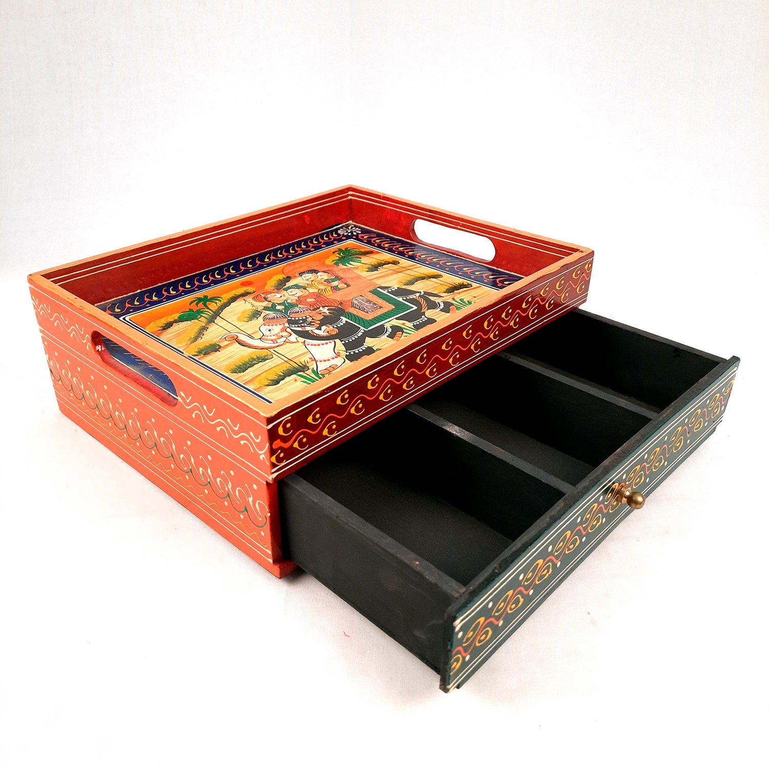 Serving Tray Wooden With Drawer | Tray Cum Organizer for Keeping Tea/ Sugar/ Coffee Sachet & Cutlery - for Home, Dining Table, Kitchen Decor, Restaurant, Office, Cafe - 12 Inch - Apkamart