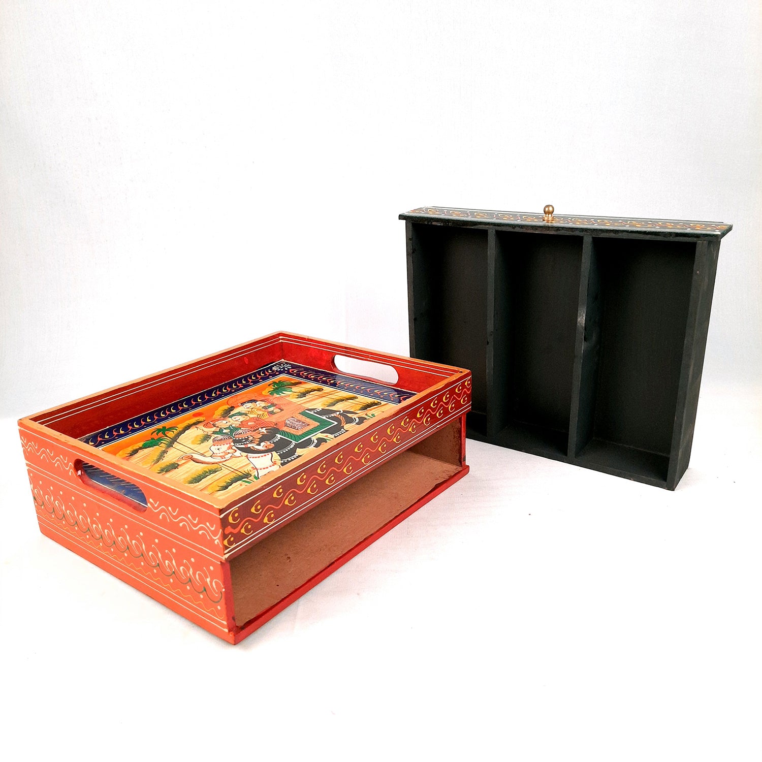 Serving Tray Wooden With Drawer | Tray Cum Organizer for Keeping Tea/ Sugar/ Coffee Sachet & Cutlery - for Home, Dining Table, Kitchen Decor, Restaurant, Office, Cafe - 12 Inch - Apkamart