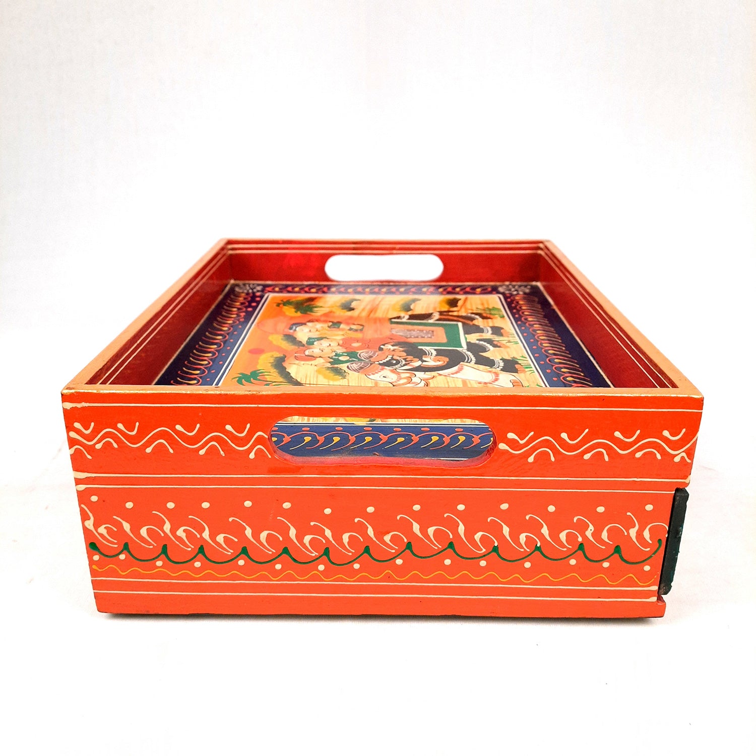 Serving Tray Wooden With Drawer | Tray Cum Organizer for Keeping Tea/ Sugar/ Coffee Sachet & Cutlery - for Home, Dining Table, Kitchen Decor, Restaurant, Office, Cafe - 12 Inch - Apkamart