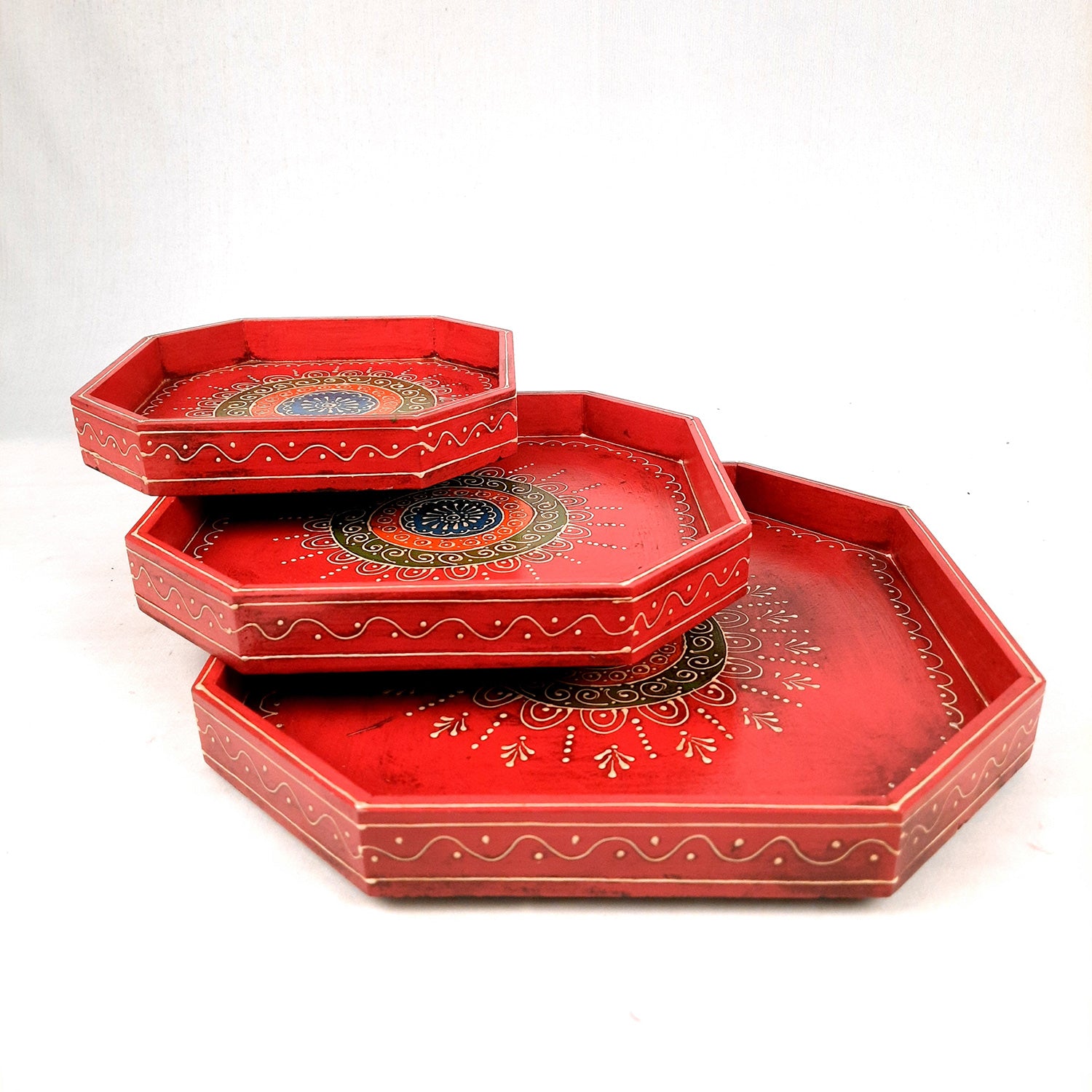 Wooden Serving Tray Set | Tea & Snacks Serving Platter - For Home, Dining Table, Kitchen Decor | Wedding & Housewarming Gift (Combo of 3) - Apkamart #Style_Design 2