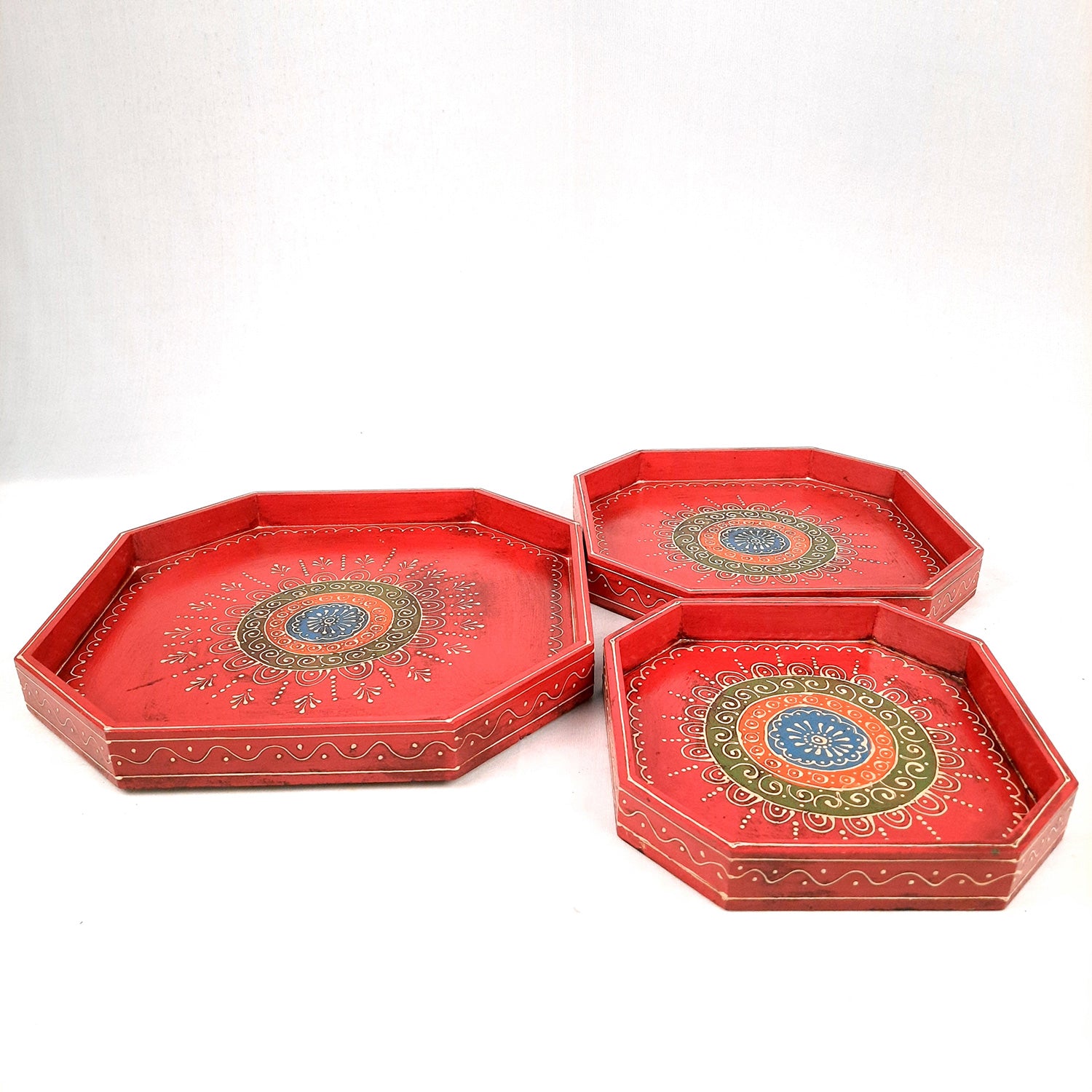 Wooden Serving Tray Set | Tea & Snacks Serving Platter - For Home, Dining Table, Kitchen Decor | Wedding & Housewarming Gift (Combo of 3) - Apkamart #Style_Design 2