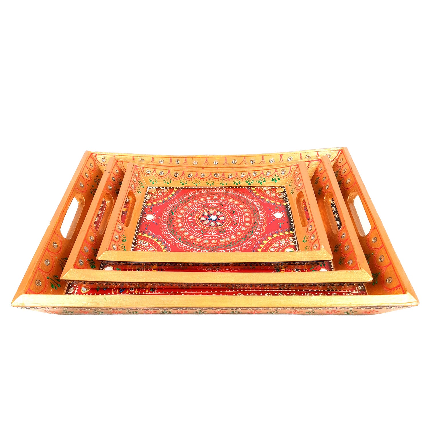 Wooden Serving Tray Set of 3 | Tea & Snacks Serving Platter - For Home, Dining Table, Kitchen Decor | Wedding & Housewarming Gift - Apkamart