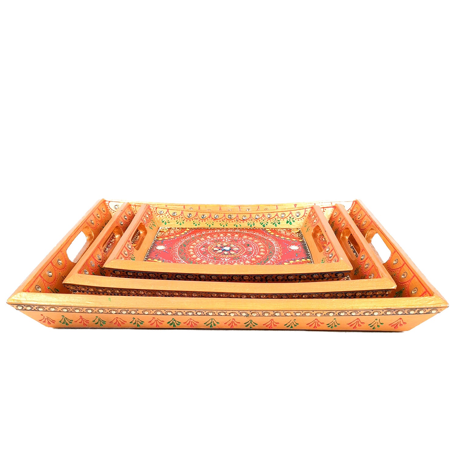Wooden Serving Tray Set of 3 | Tea & Snacks Serving Platter - For Home, Dining Table, Kitchen Decor | Wedding & Housewarming Gift - Apkamart