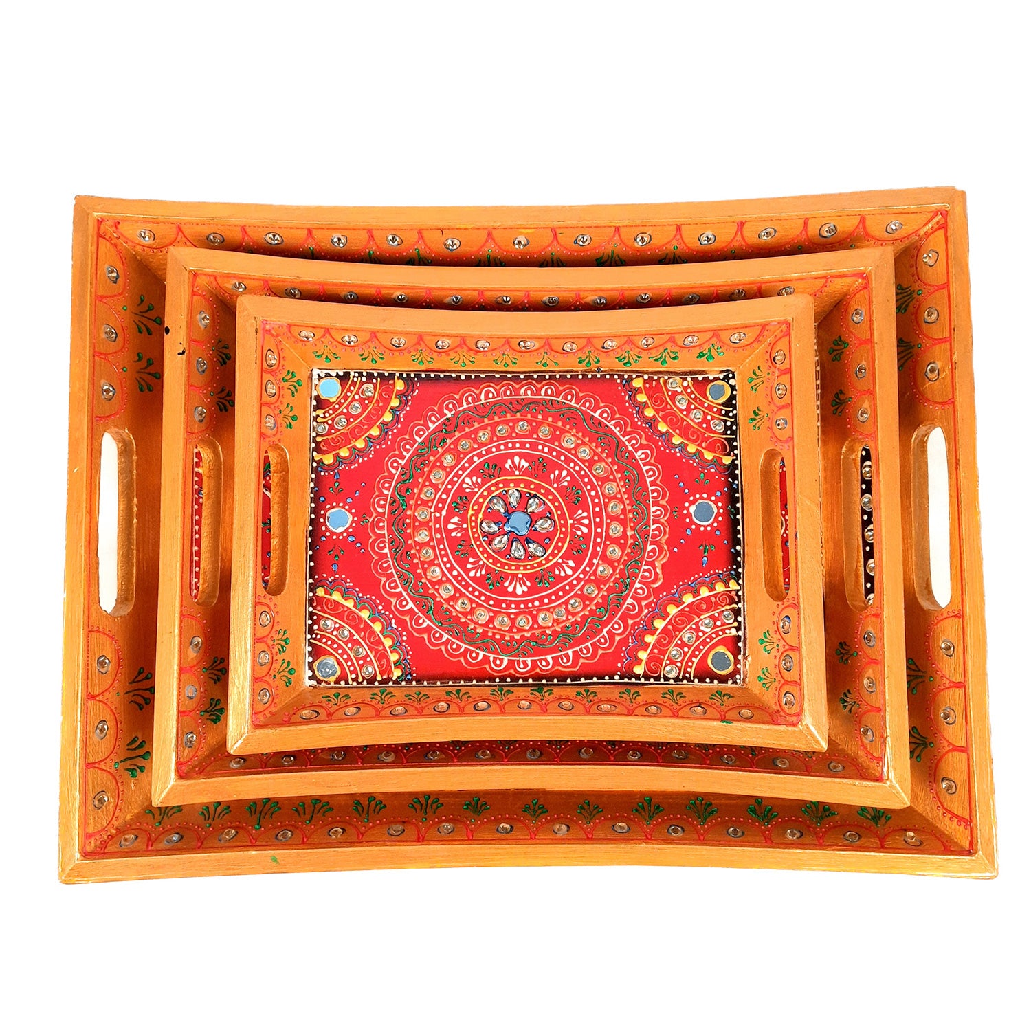 Wooden Serving Tray Set of 3 | Tea & Snacks Serving Platter - For Home, Dining Table, Kitchen Decor | Wedding & Housewarming Gift - Apkamart