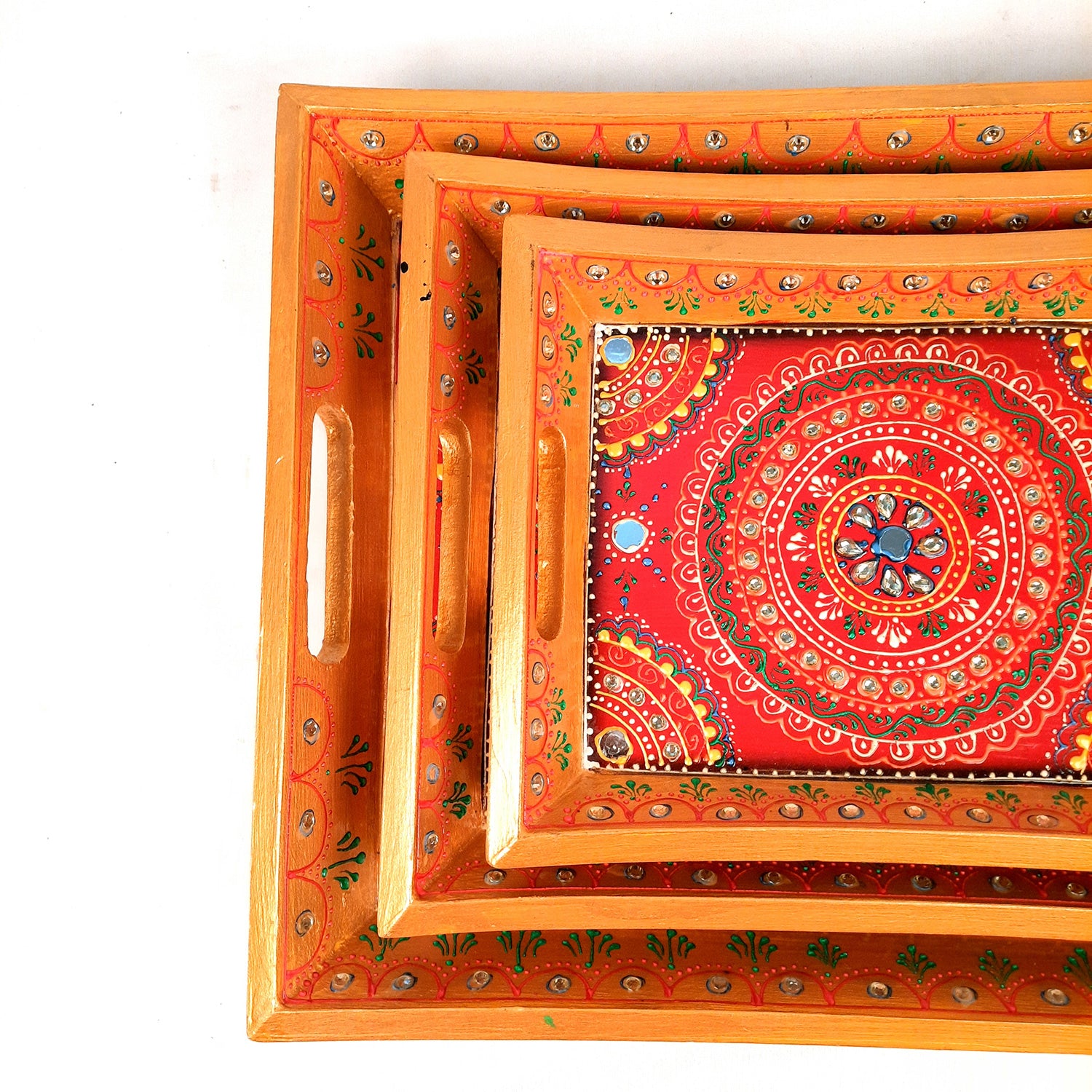 Wooden Serving Tray Set of 3 | Tea & Snacks Serving Platter - For Home, Dining Table, Kitchen Decor | Wedding & Housewarming Gift - Apkamart