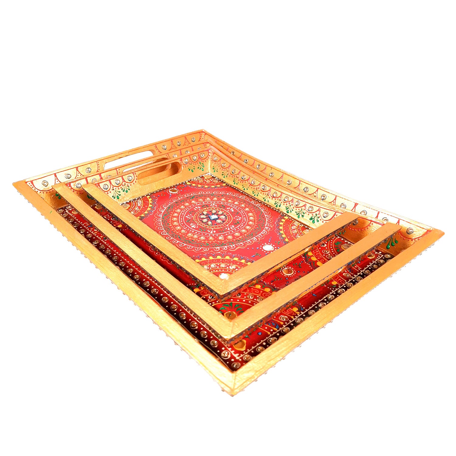 Wooden Serving Tray Set of 3 | Tea & Snacks Serving Platter - For Home, Dining Table, Kitchen Decor | Wedding & Housewarming Gift - Apkamart