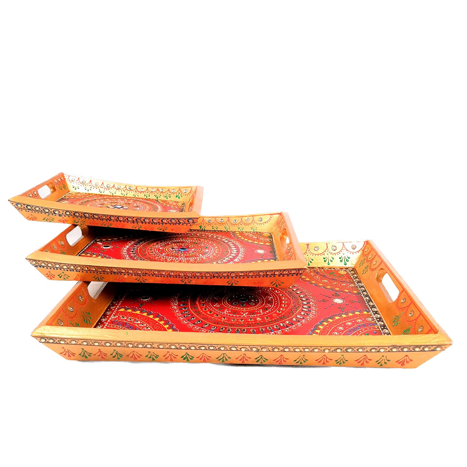 Wooden Serving Tray Set of 3 | Tea & Snacks Serving Platter - For Home, Dining Table, Kitchen Decor | Wedding & Housewarming Gift - Apkamart