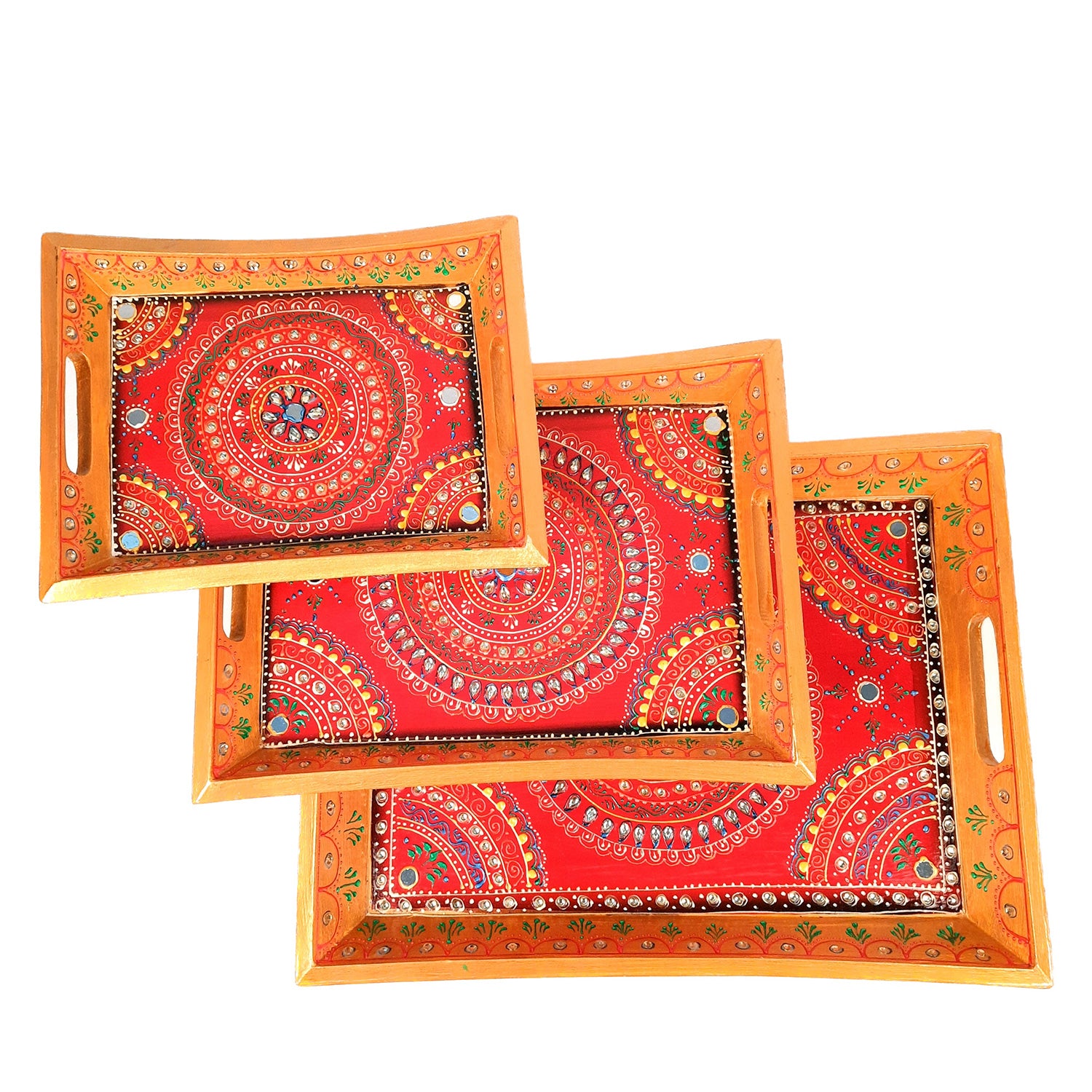 Wooden Serving Tray Set of 3 | Tea & Snacks Serving Platter - For Home, Dining Table, Kitchen Decor | Wedding & Housewarming Gift - Apkamart