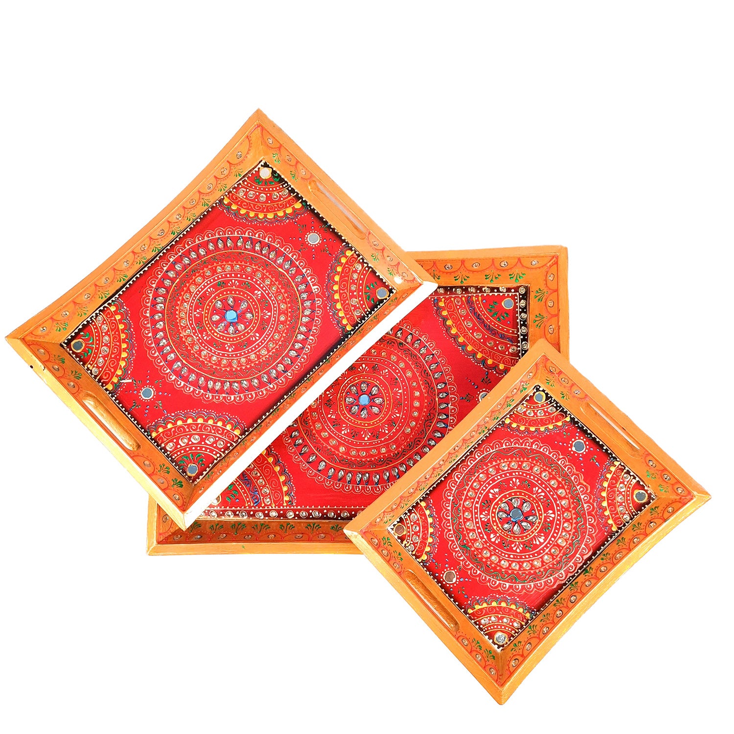 Wooden Serving Tray Set of 3 | Tea & Snacks Serving Platter - For Home, Dining Table, Kitchen Decor | Wedding & Housewarming Gift - Apkamart