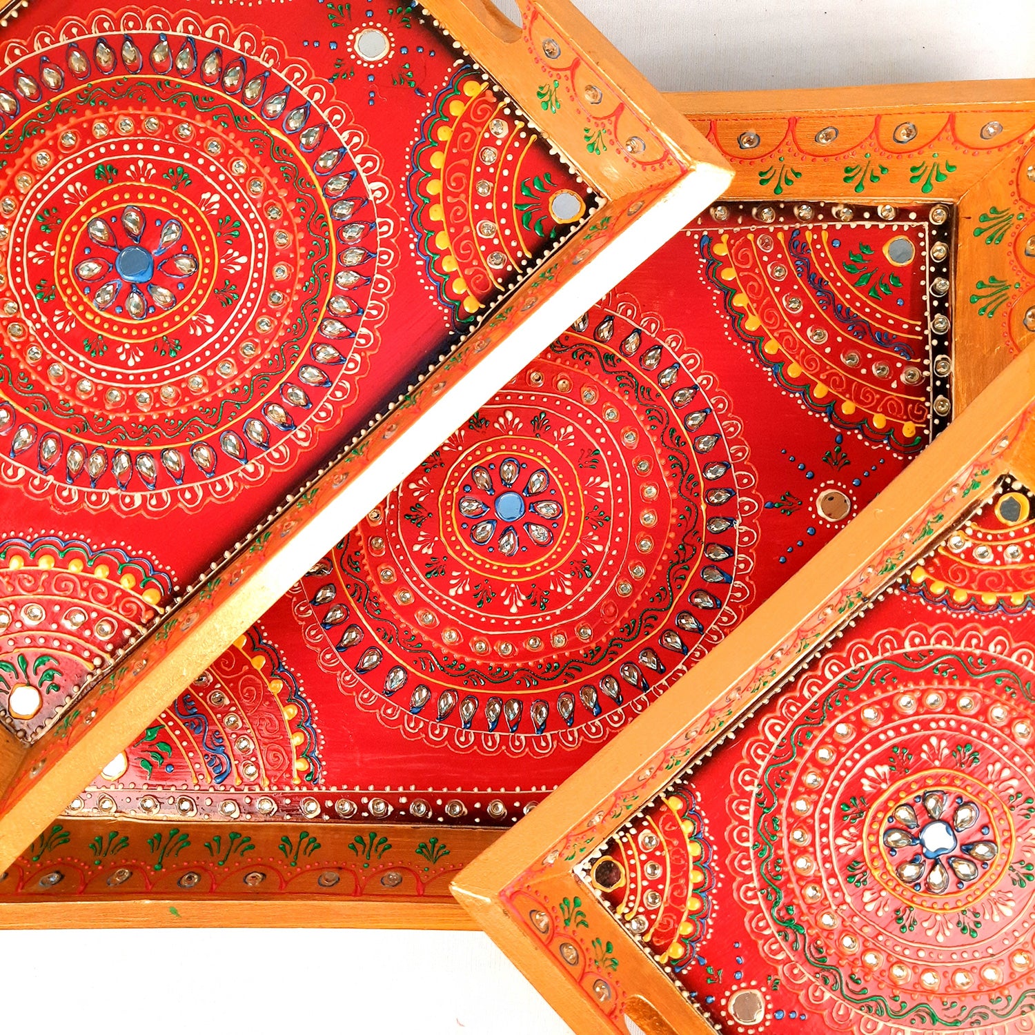 Wooden Serving Tray Set of 3 | Tea & Snacks Serving Platter - For Home, Dining Table, Kitchen Decor | Wedding & Housewarming Gift - Apkamart