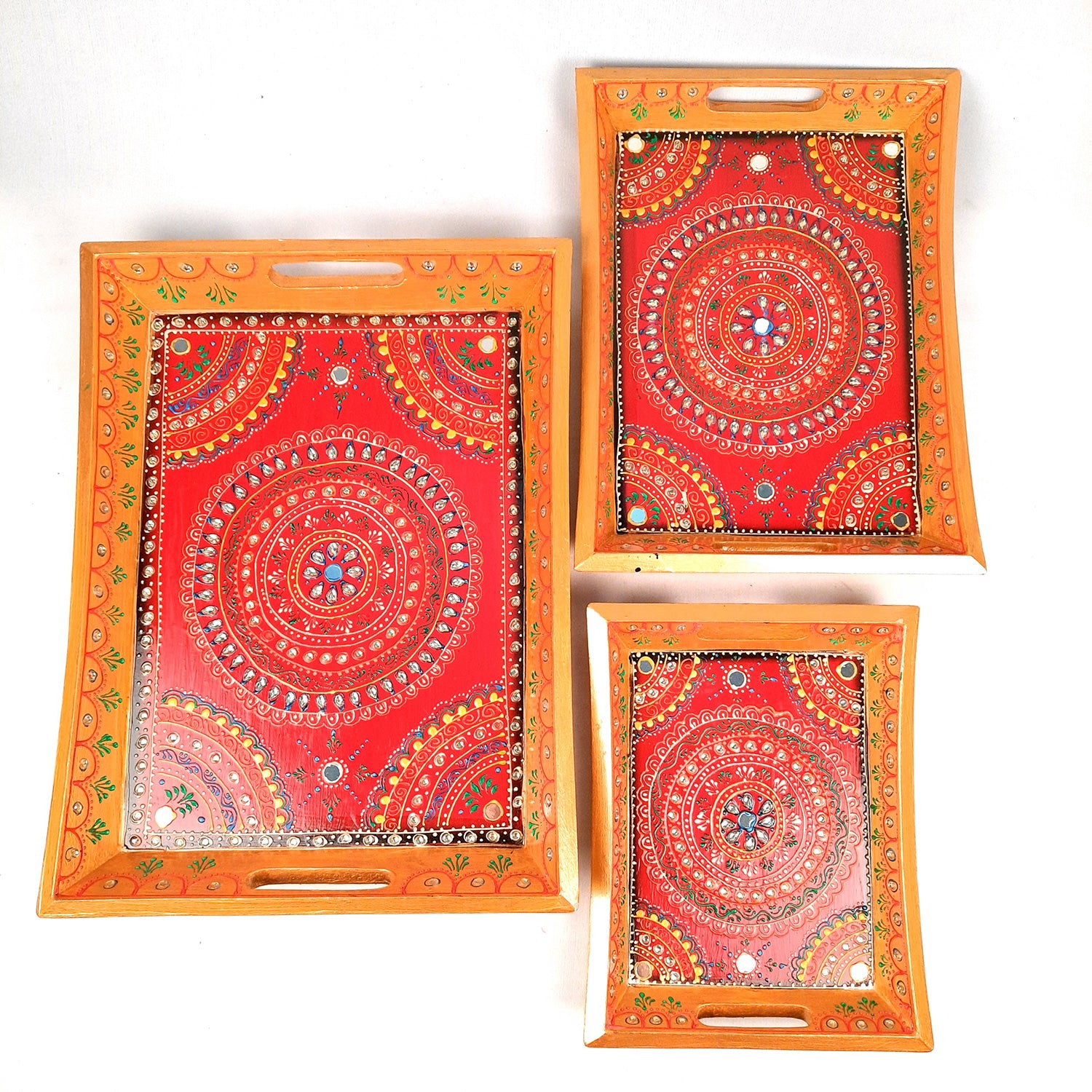 Wooden Serving Tray Set of 3 | Tea & Snacks Serving Platter - For Home, Dining Table, Kitchen Decor | Wedding & Housewarming Gift - Apkamart