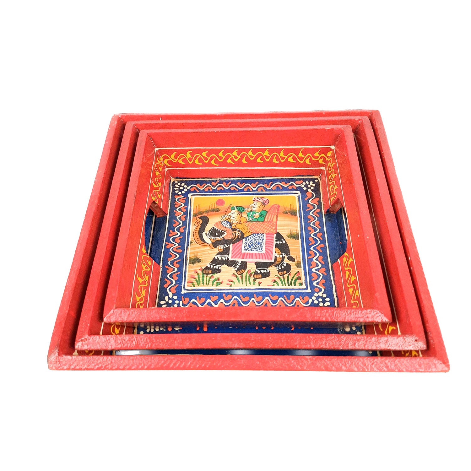 Wooden Serving Tray Set | Tea & Snacks Serving Platter - for Home, Dining Table, Kitchen Decor - (Wood, Red) (Set of 3)- Apkamart