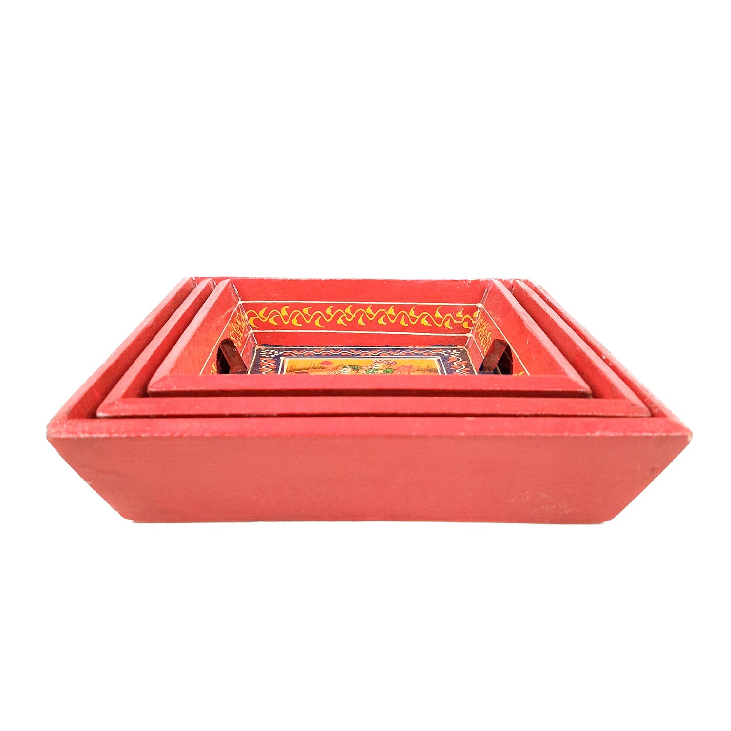 Wooden Serving Tray Set | Tea & Snacks Serving Platter - for Home, Dining Table, Kitchen Decor - (Wood, Red) (Set of 3)- Apkamart