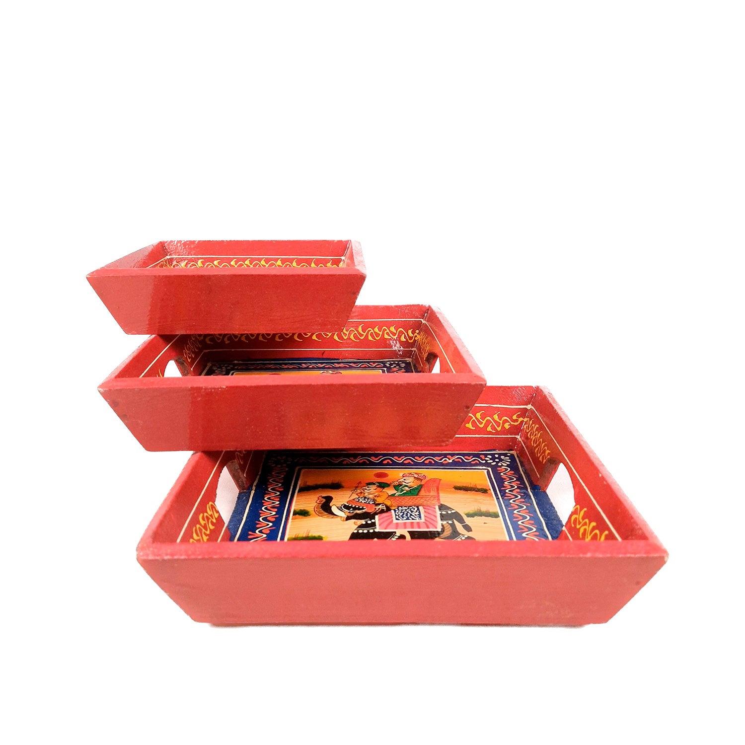 Wooden Serving Tray Set | Tea & Snacks Serving Platter - for Home, Dining Table, Kitchen Decor - (Wood, Red) (Set of 3)- Apkamart