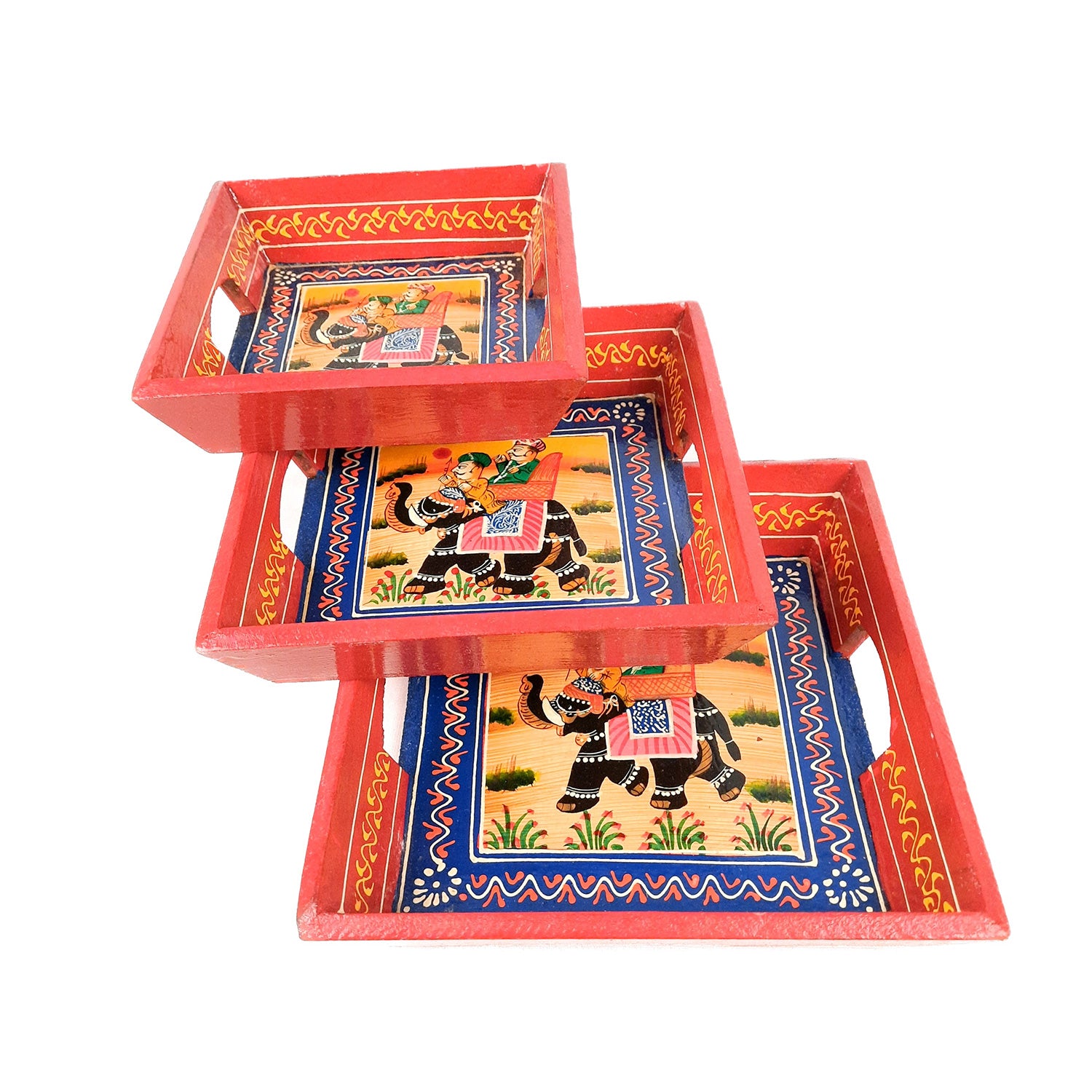 Wooden Serving Tray Set | Tea & Snacks Serving Platter - for Home, Dining Table, Kitchen Decor - (Wood, Red) (Set of 3)- Apkamart