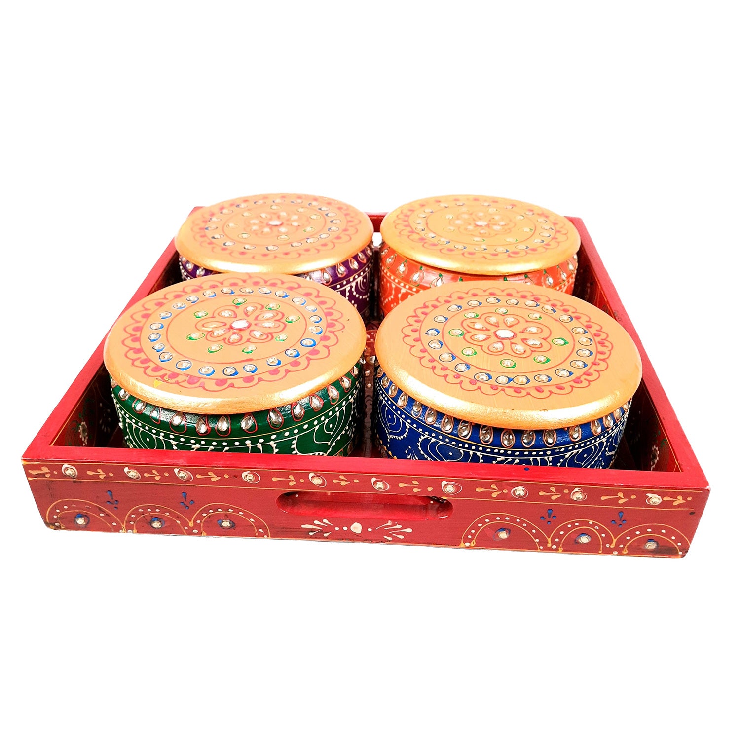 Serving Tray Wooden With Four Steel Bowls & Lid | Snack & Dry Fruit Serving Tray - For Home, Dining Table, Kitchen Decor | Wedding & Housewarming Gift - Apkamart