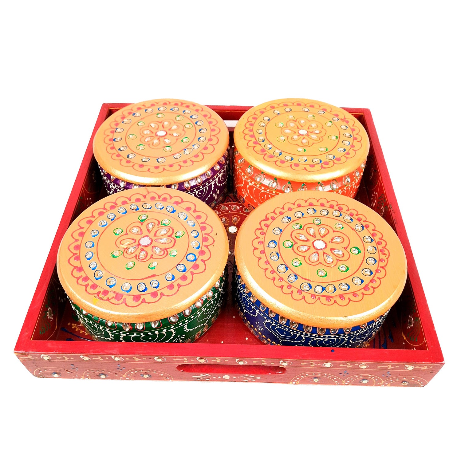 Serving Tray Wooden With Four Steel Bowls & Lid | Snack & Dry Fruit Serving Tray - For Home, Dining Table, Kitchen Decor | Wedding & Housewarming Gift - Apkamart