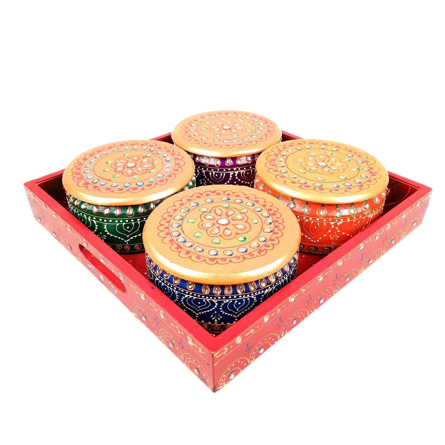 Serving Tray Wooden With Four Steel Bowls & Lid | Snack & Dry Fruit Serving Tray - For Home, Dining Table, Kitchen Decor | Wedding & Housewarming Gift - Apkamart