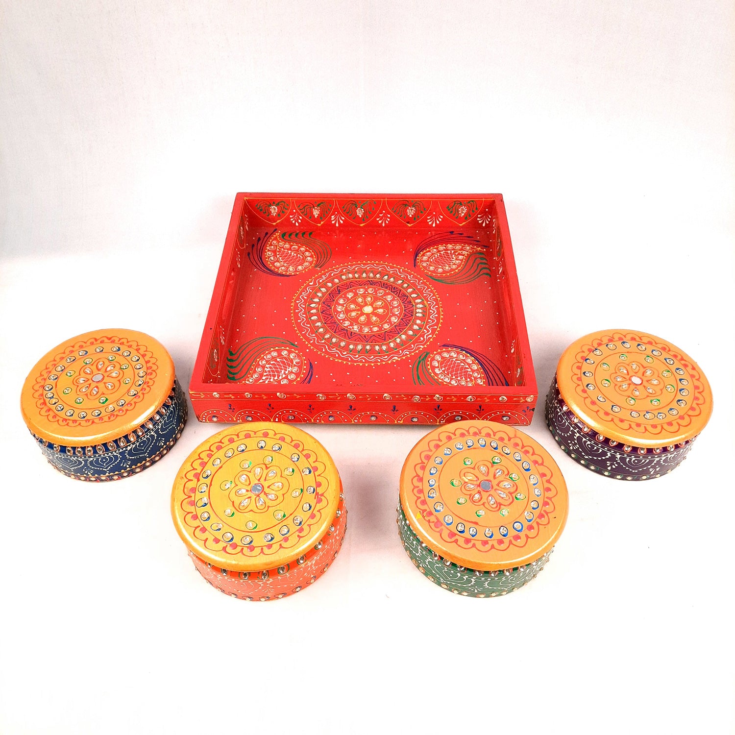 Serving Tray Wooden With Four Steel Bowls & Lid | Snack & Dry Fruit Serving Tray - For Home, Dining Table, Kitchen Decor | Wedding & Housewarming Gift - Apkamart