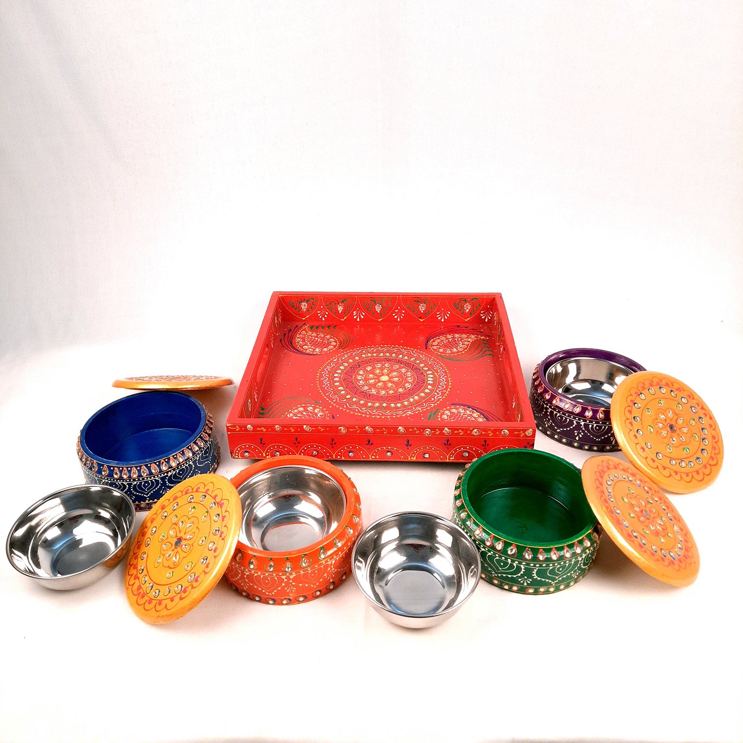 Serving Tray Wooden With Four Steel Bowls & Lid | Snack & Dry Fruit Serving Tray - For Home, Dining Table, Kitchen Decor | Wedding & Housewarming Gift - Apkamart