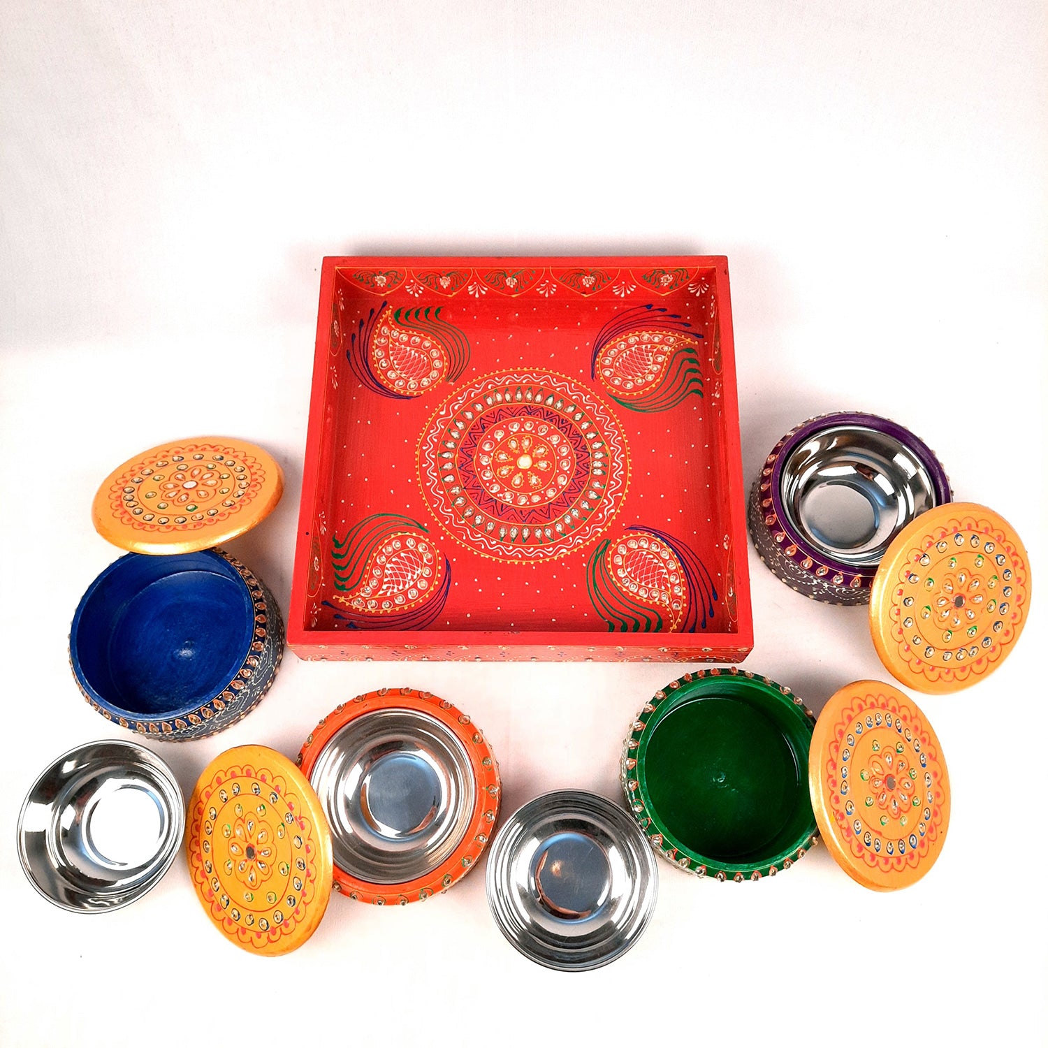 Serving Tray Wooden With Four Steel Bowls & Lid | Snack & Dry Fruit Serving Tray - For Home, Dining Table, Kitchen Decor | Wedding & Housewarming Gift - Apkamart