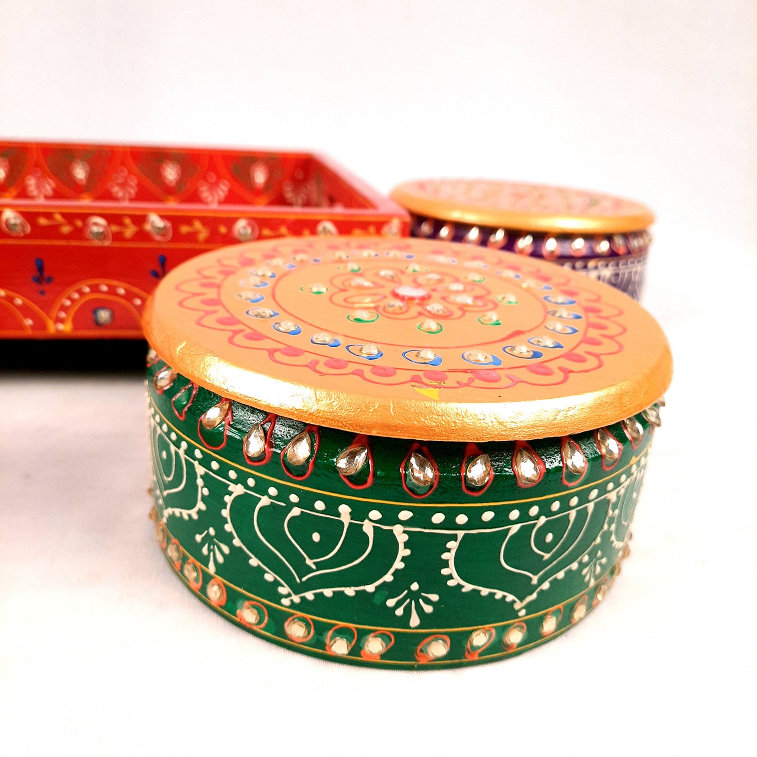 Serving Tray Wooden With Four Steel Bowls & Lid | Snack & Dry Fruit Serving Tray - For Home, Dining Table, Kitchen Decor | Wedding & Housewarming Gift - Apkamart