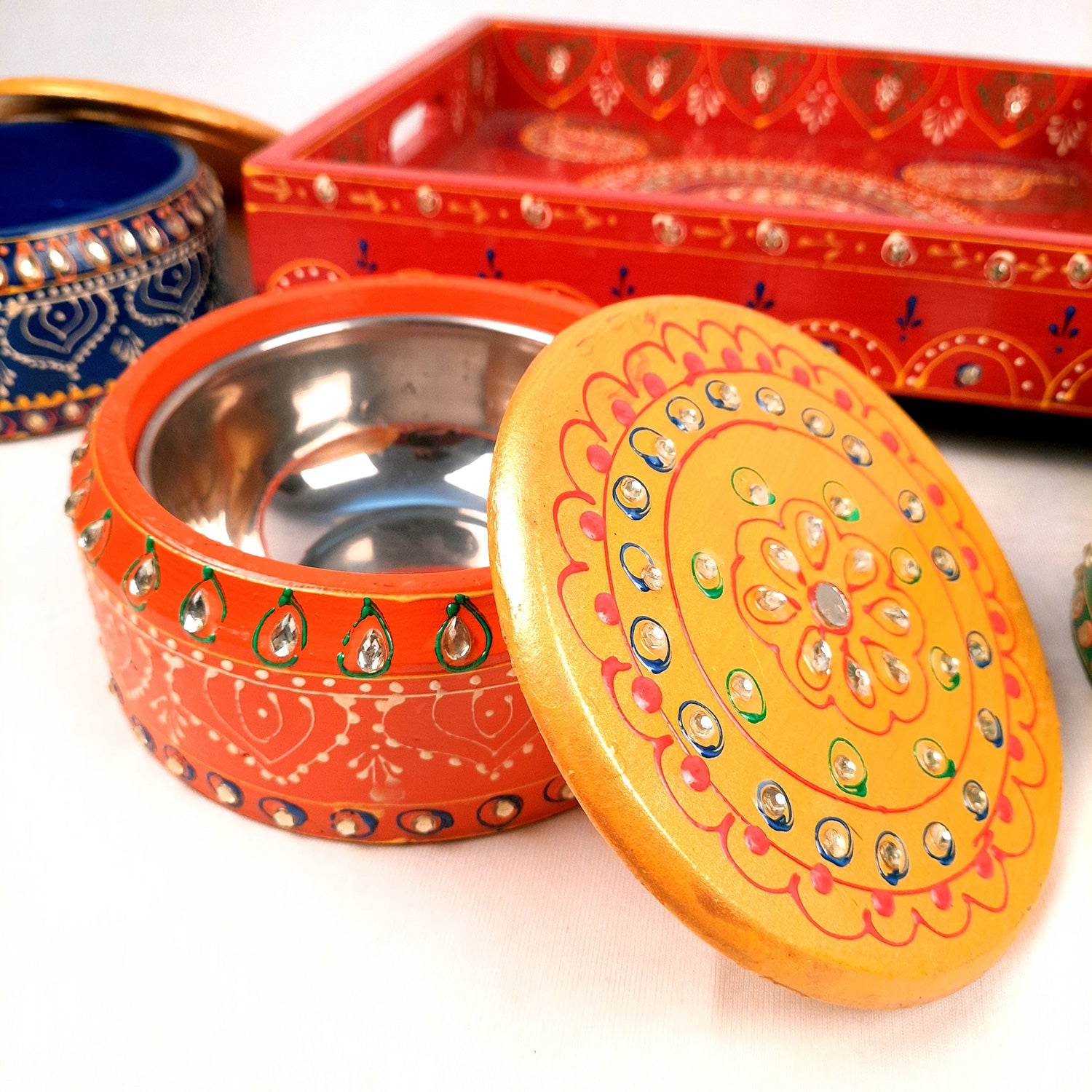 Serving Tray Wooden With Four Steel Bowls & Lid | Snack & Dry Fruit Serving Tray - For Home, Dining Table, Kitchen Decor | Wedding & Housewarming Gift - Apkamart