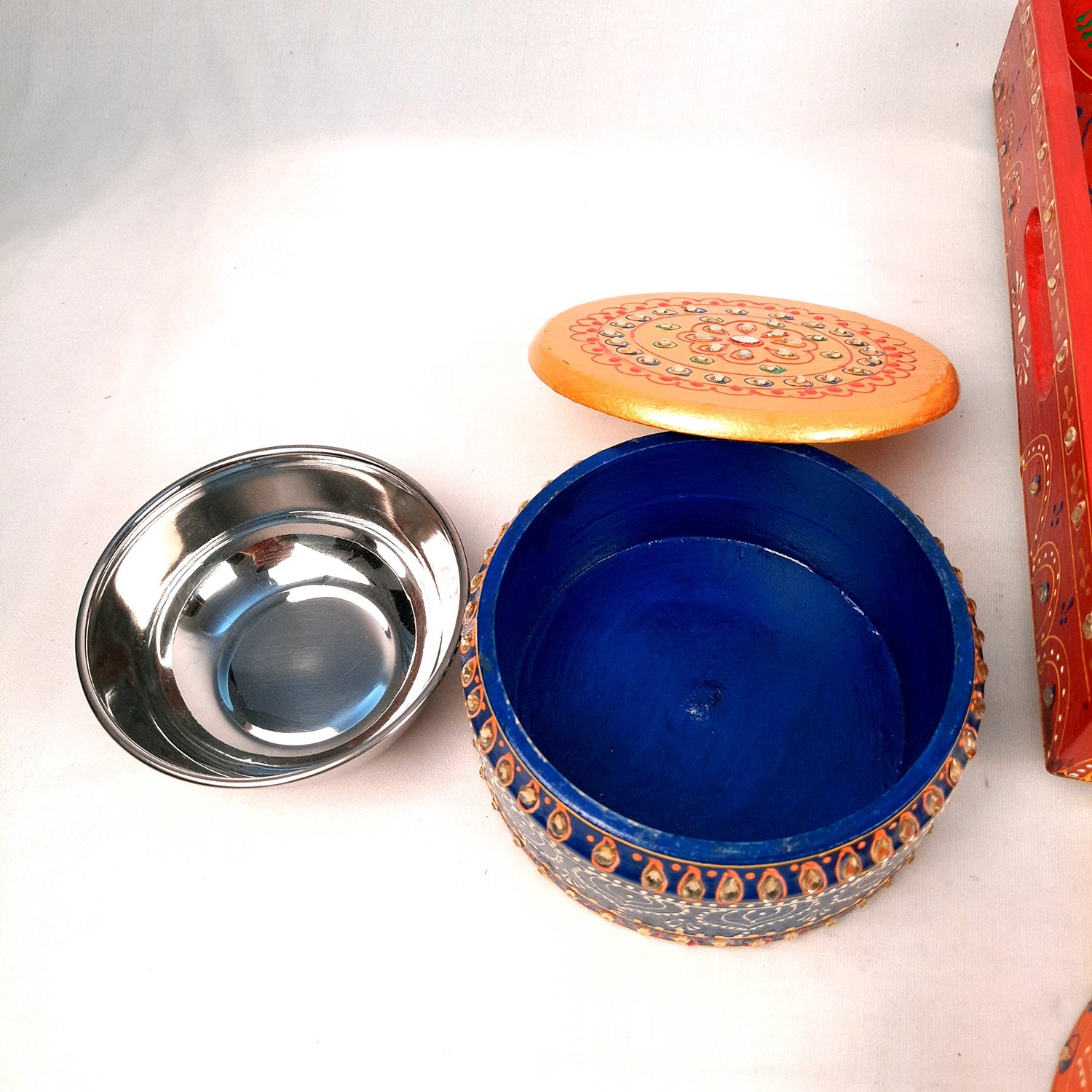 Serving Tray Wooden With Four Steel Bowls & Lid | Snack & Dry Fruit Serving Tray - For Home, Dining Table, Kitchen Decor | Wedding & Housewarming Gift - Apkamart