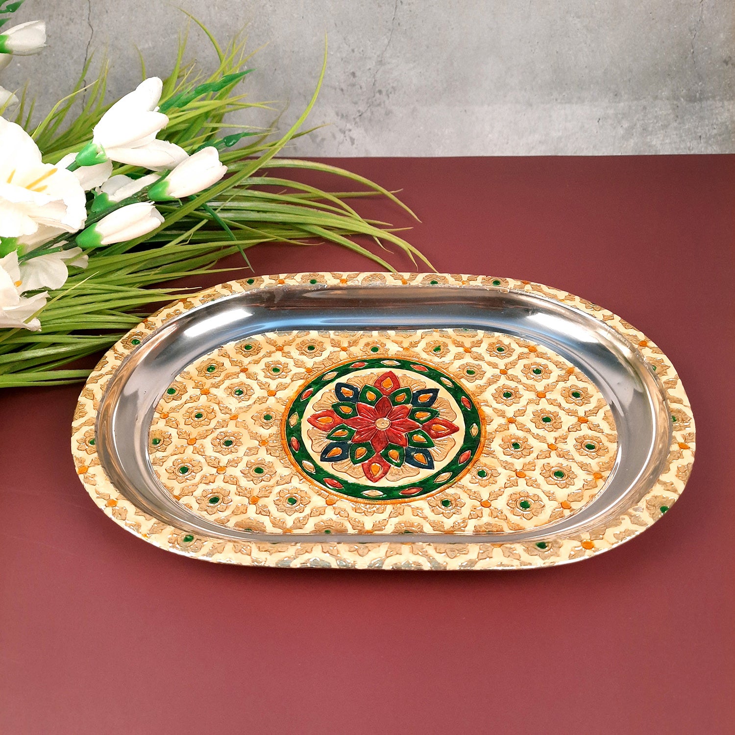 Serving Tray Steel | Tea & Snacks Serving Platter - for Home, Dining Table, Kitchen Decor | Wedding & Housewarming Gift - 12 Inch - Apkamart