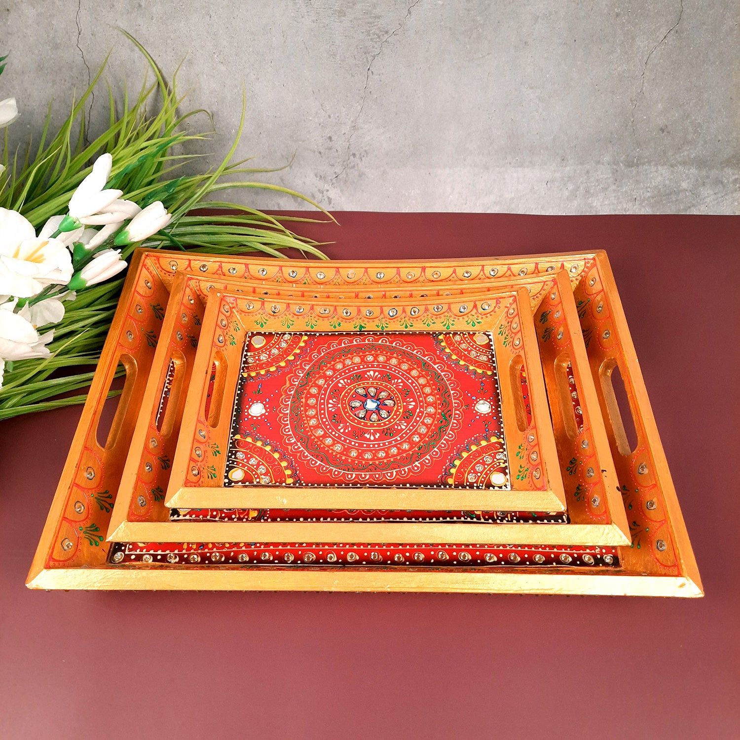 Wooden Serving Tray Set of 3 | Tea & Snacks Serving Platter - For Home, Dining Table, Kitchen Decor | Wedding & Housewarming Gift - Apkamart