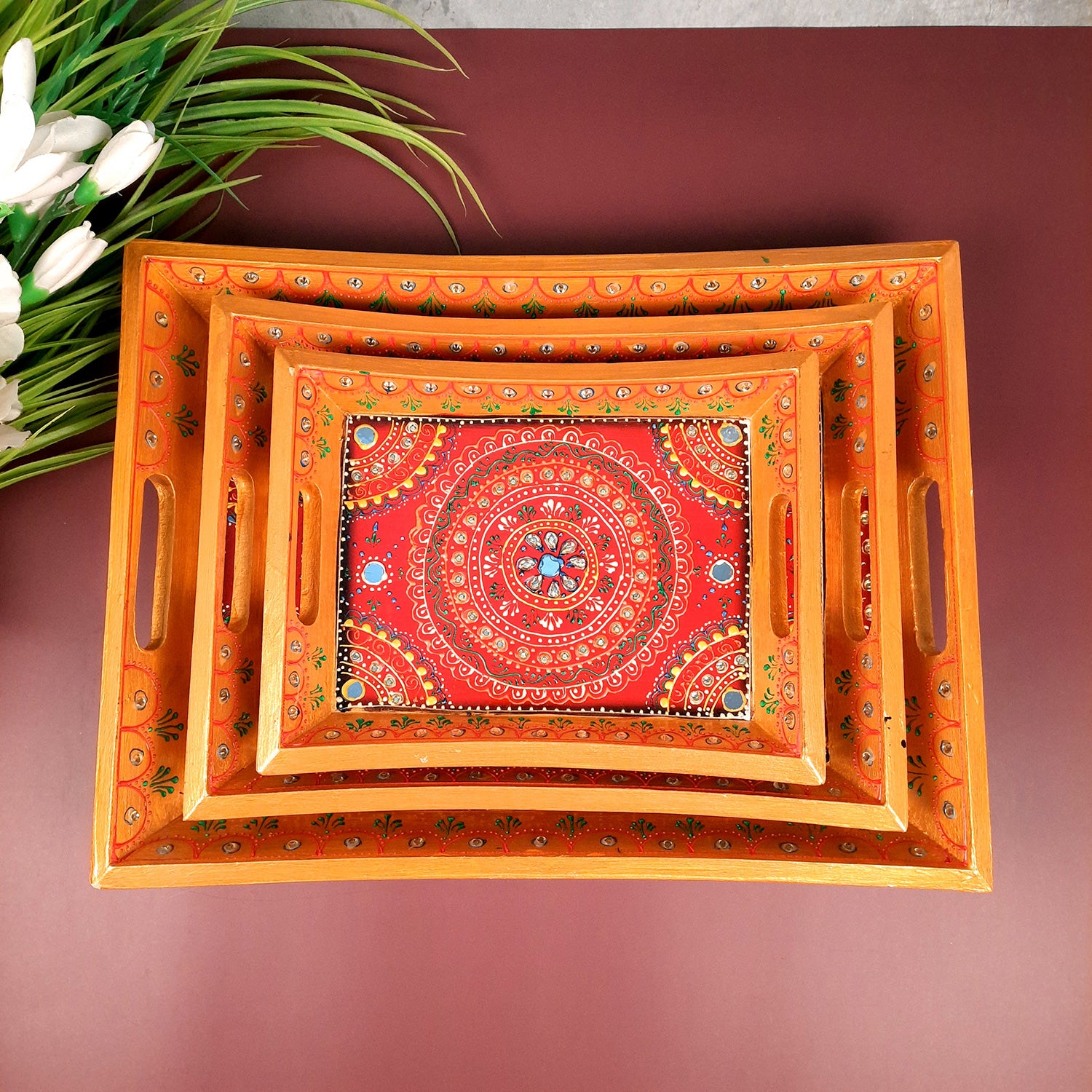 Wooden Serving Tray Set of 3 | Tea & Snacks Serving Platter - For Home, Dining Table, Kitchen Decor | Wedding & Housewarming Gift - Apkamart