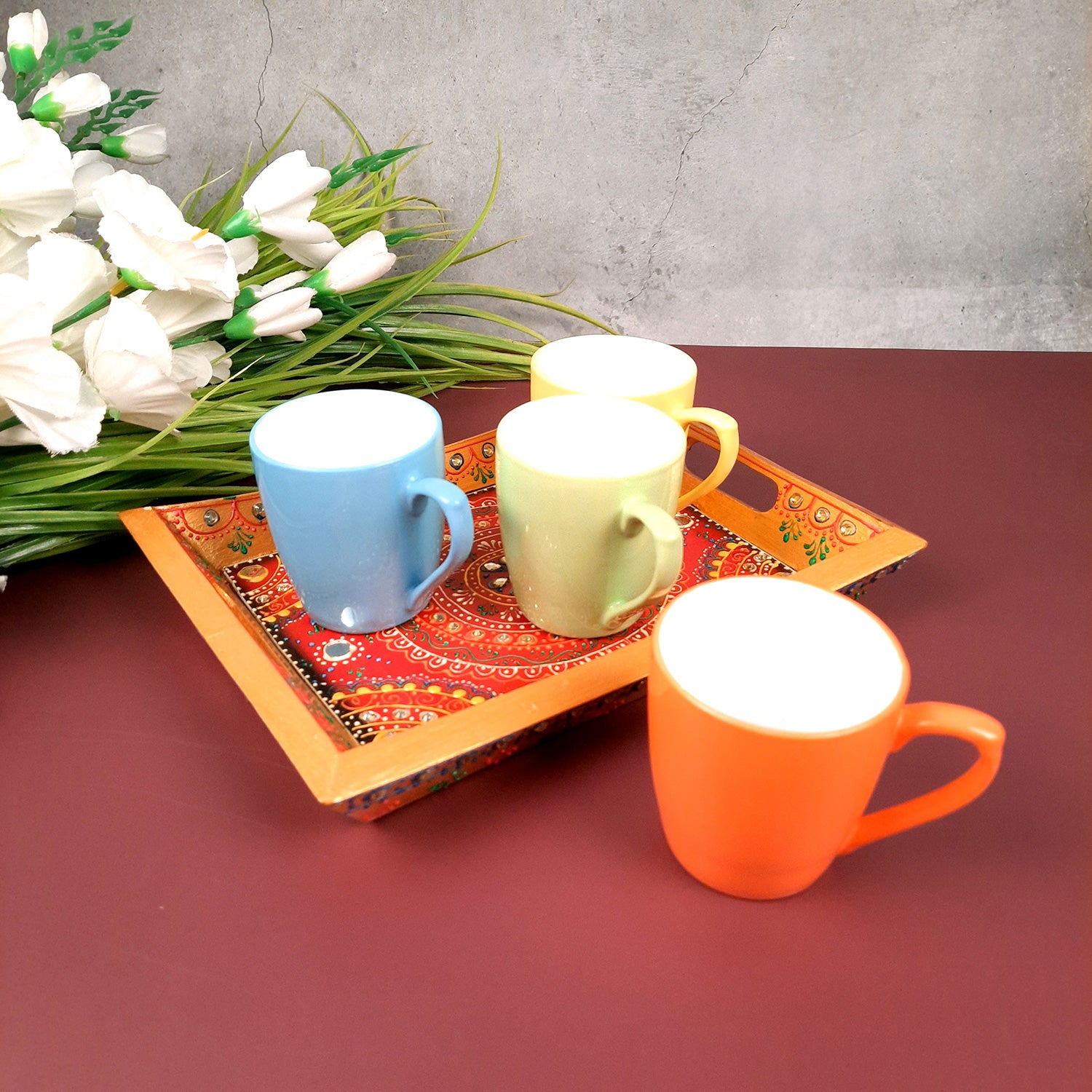 Wooden Serving Tray Set of 3 | Tea & Snacks Serving Platter - For Home, Dining Table, Kitchen Decor | Wedding & Housewarming Gift - Apkamart