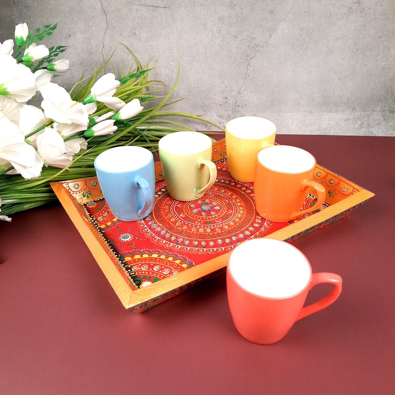 Wooden Serving Tray Set of 3 | Tea & Snacks Serving Platter - For Home, Dining Table, Kitchen Decor | Wedding & Housewarming Gift - Apkamart