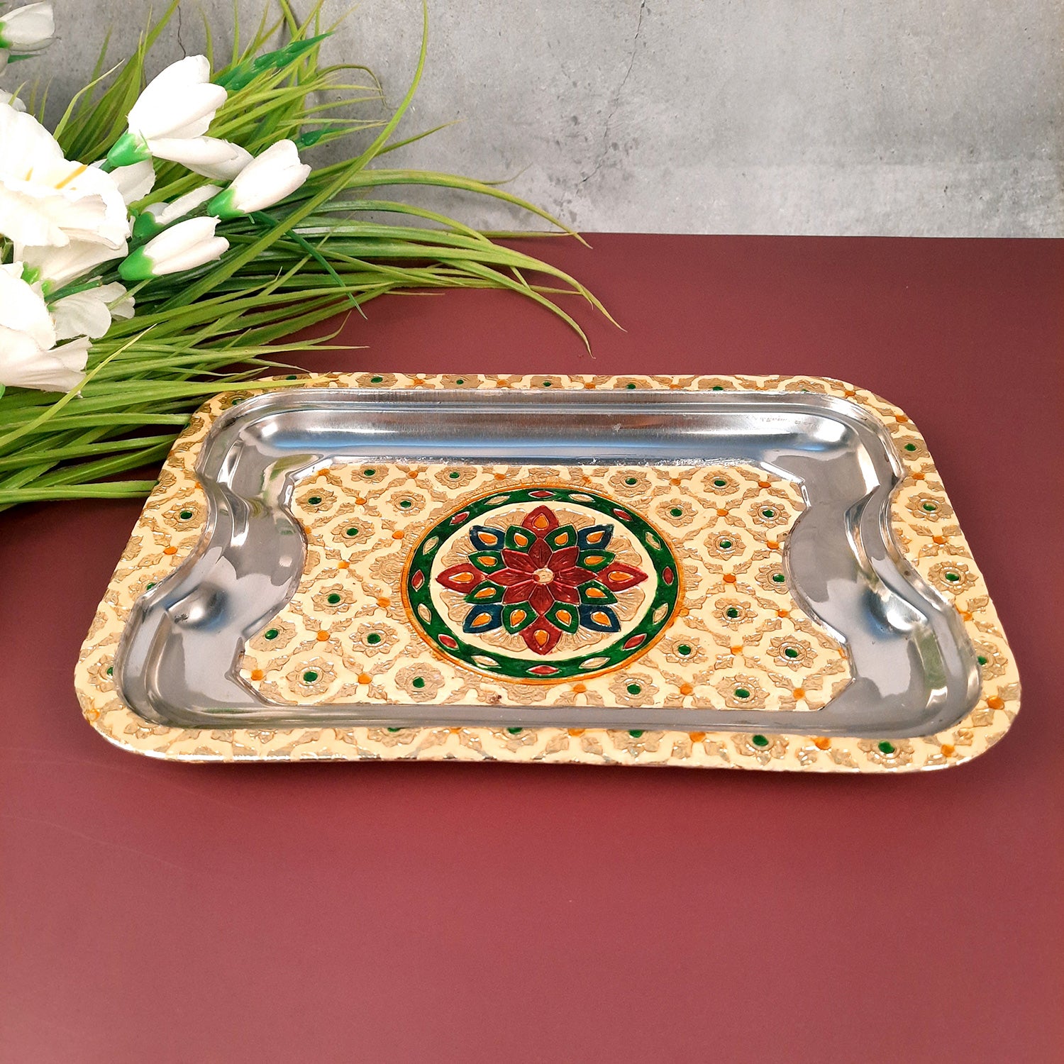 Serving Tray | Tea & Snacks Serving Platter | Rectangular Steel Tray - for Home, Dining Table, Kitchen Decor | Wedding & Housewarming Gift - 12 Inch - Apkamart