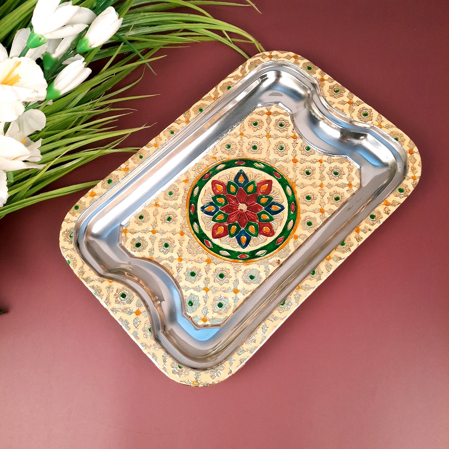 Serving Tray | Tea & Snacks Serving Platter | Rectangular Steel Tray - for Home, Dining Table, Kitchen Decor | Wedding & Housewarming Gift - 12 Inch - Apkamart