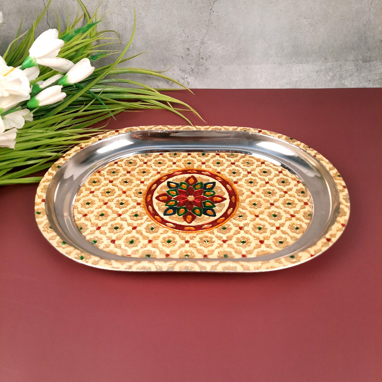 Serving Tray Steel | Tea & Snacks Serving Platter - for Home, Dining Table, Kitchen Decor | Wedding & Housewarming Gift - 14 Inch - Apkamart