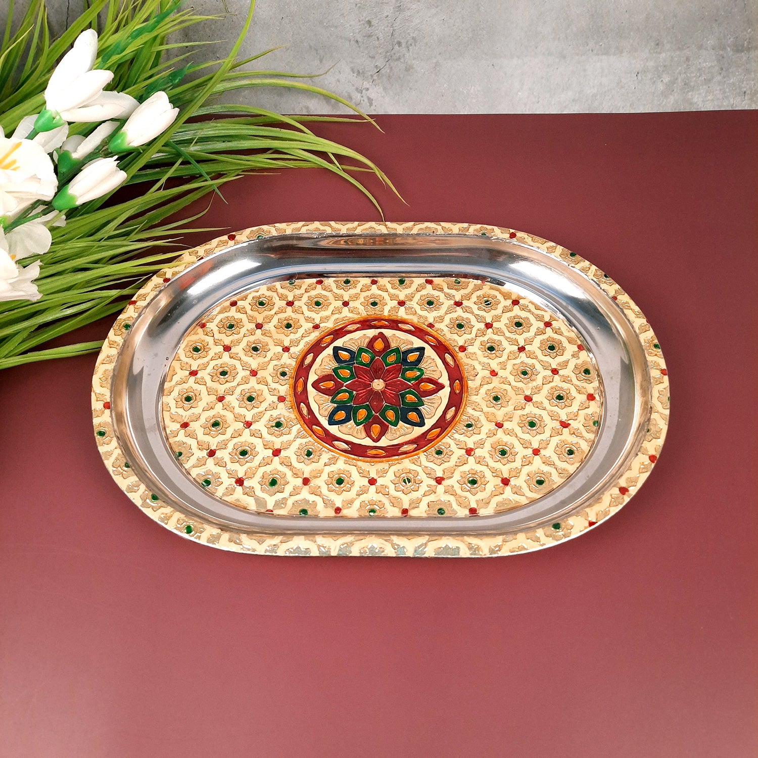 Serving Tray Steel | Tea & Snacks Serving Platter - for Home, Dining Table, Kitchen Decor | Wedding & Housewarming Gift - 14 Inch - Apkamart