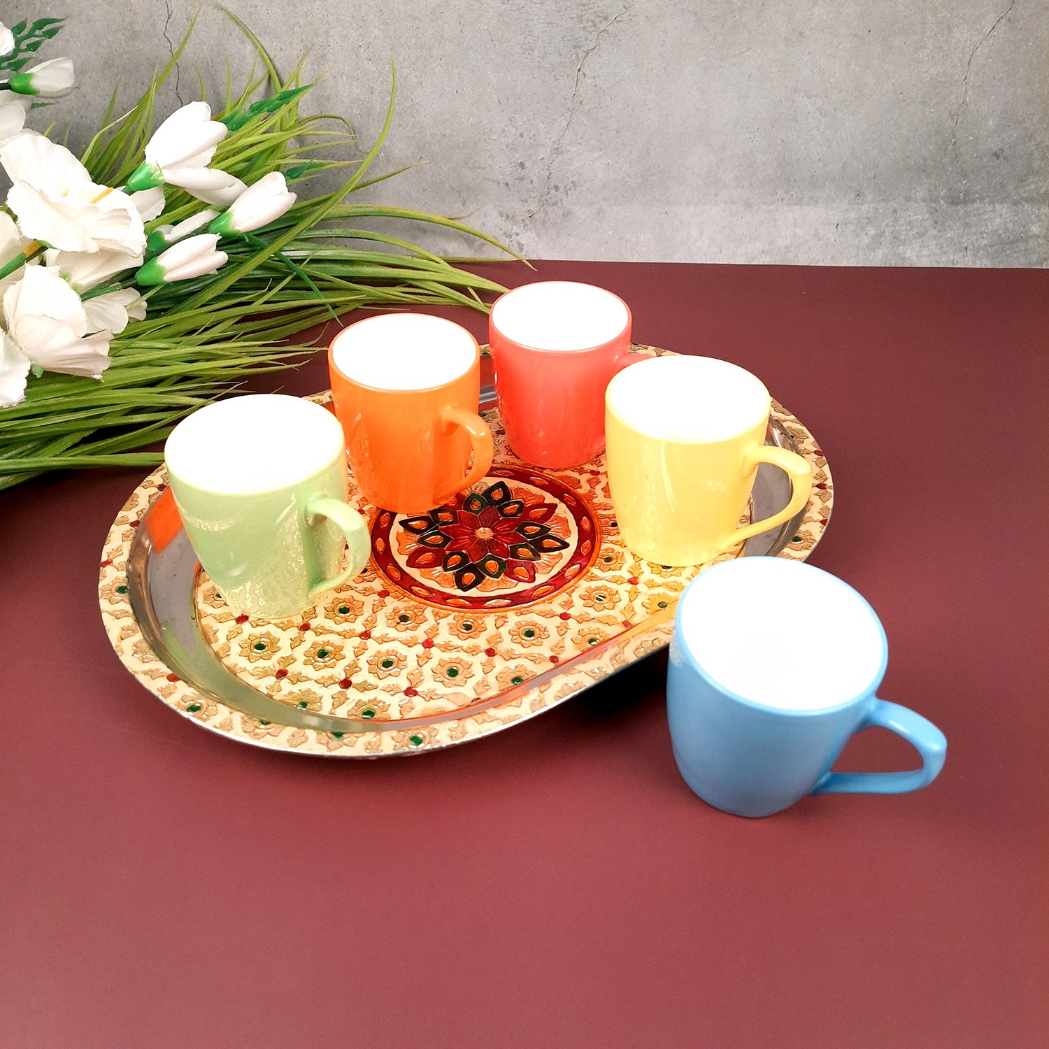 Serving Tray Steel | Tea & Snacks Serving Platter - for Home, Dining Table, Kitchen Decor | Wedding & Housewarming Gift - 14 Inch - Apkamart