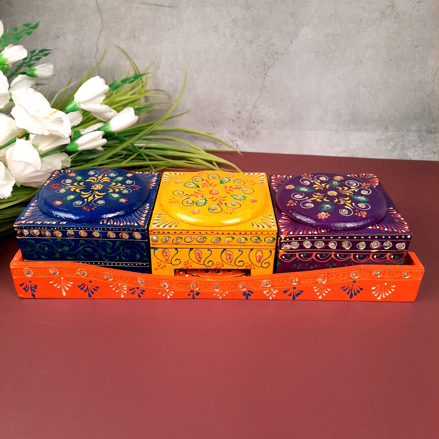 Serving Tray Wooden With Four Steel Bowls & Lid | Snack & Dry Fruit Serving Tray - For Home, Dining Table, Kitchen Decor | Wedding & Housewarming Gift