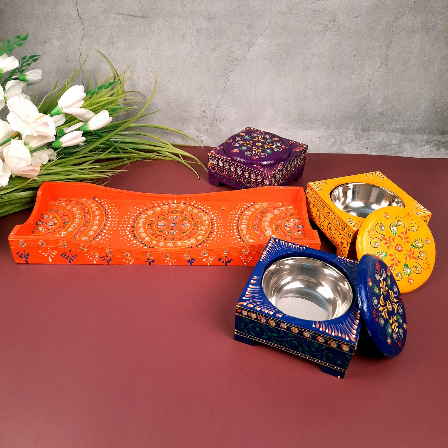 Serving Tray Wooden With Four Steel Bowls & Lid | Snack & Dry Fruit Serving Tray - For Home, Dining Table, Kitchen Decor | Wedding & Housewarming Gift