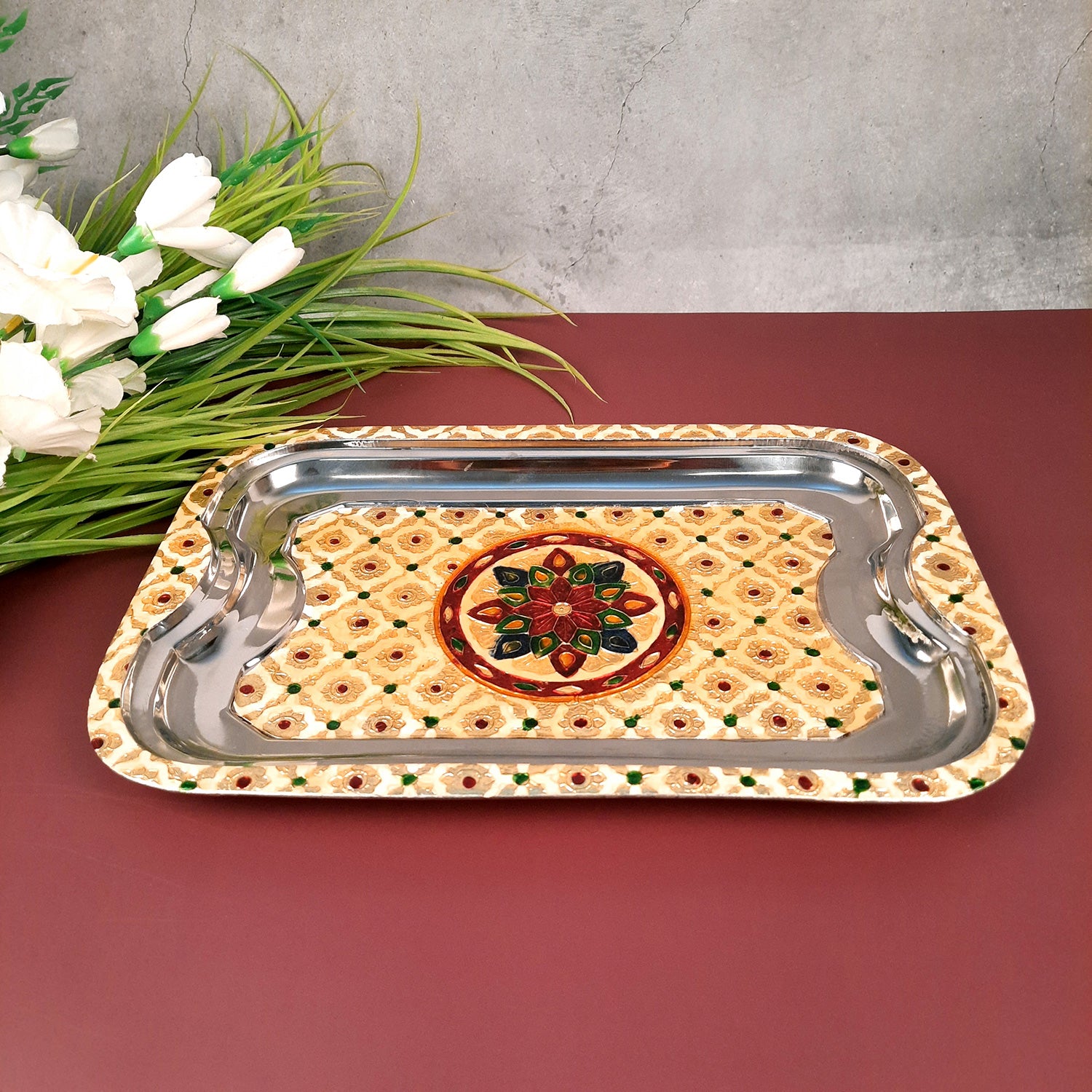 Serving Tray | Tea & Snacks Serving Platter | Steel Tray Rectangular - for Home, Dining Table, Kitchen Decor | Wedding & Housewarming Gift - 14 Inch - Apkamart