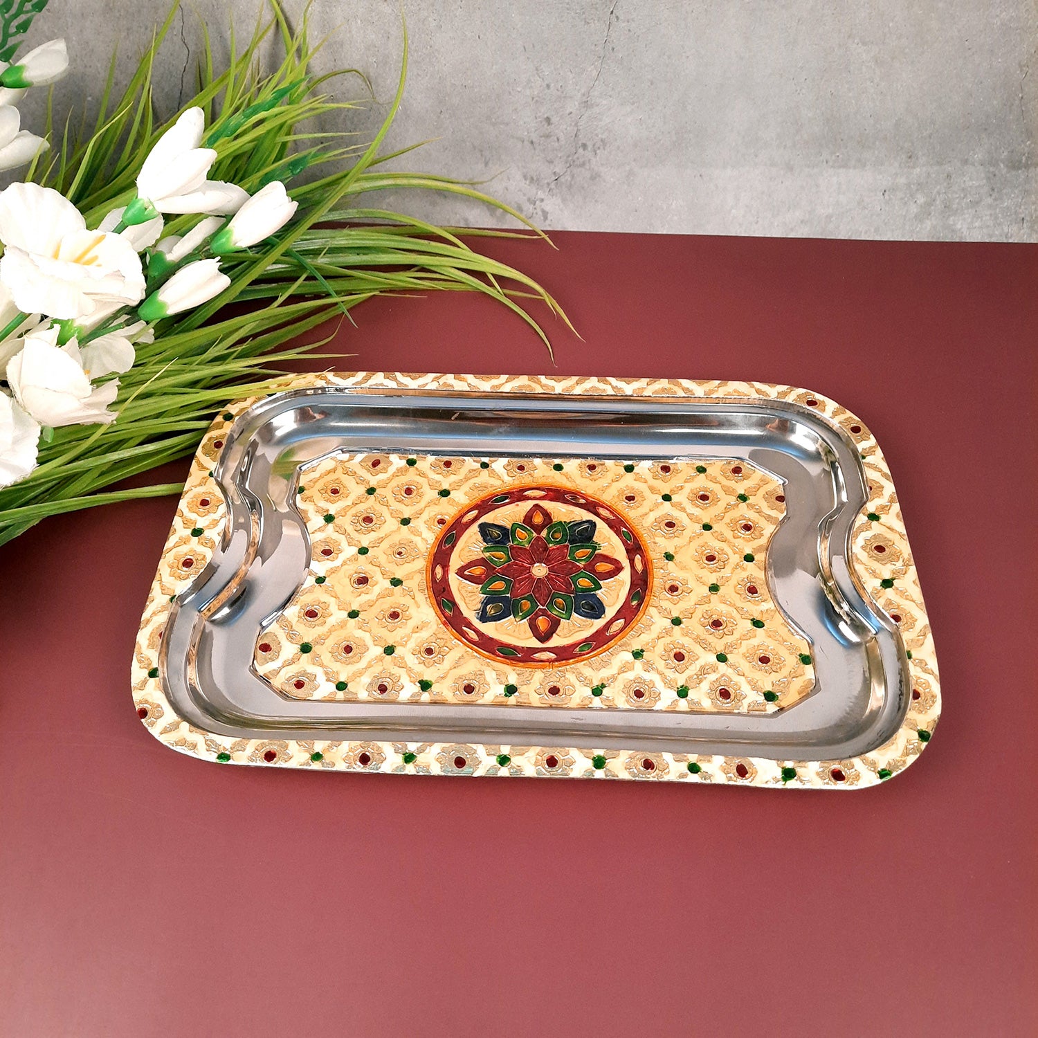 Serving Tray | Tea & Snacks Serving Platter | Steel Tray Rectangular - for Home, Dining Table, Kitchen Decor | Wedding & Housewarming Gift - 14 Inch - Apkamart