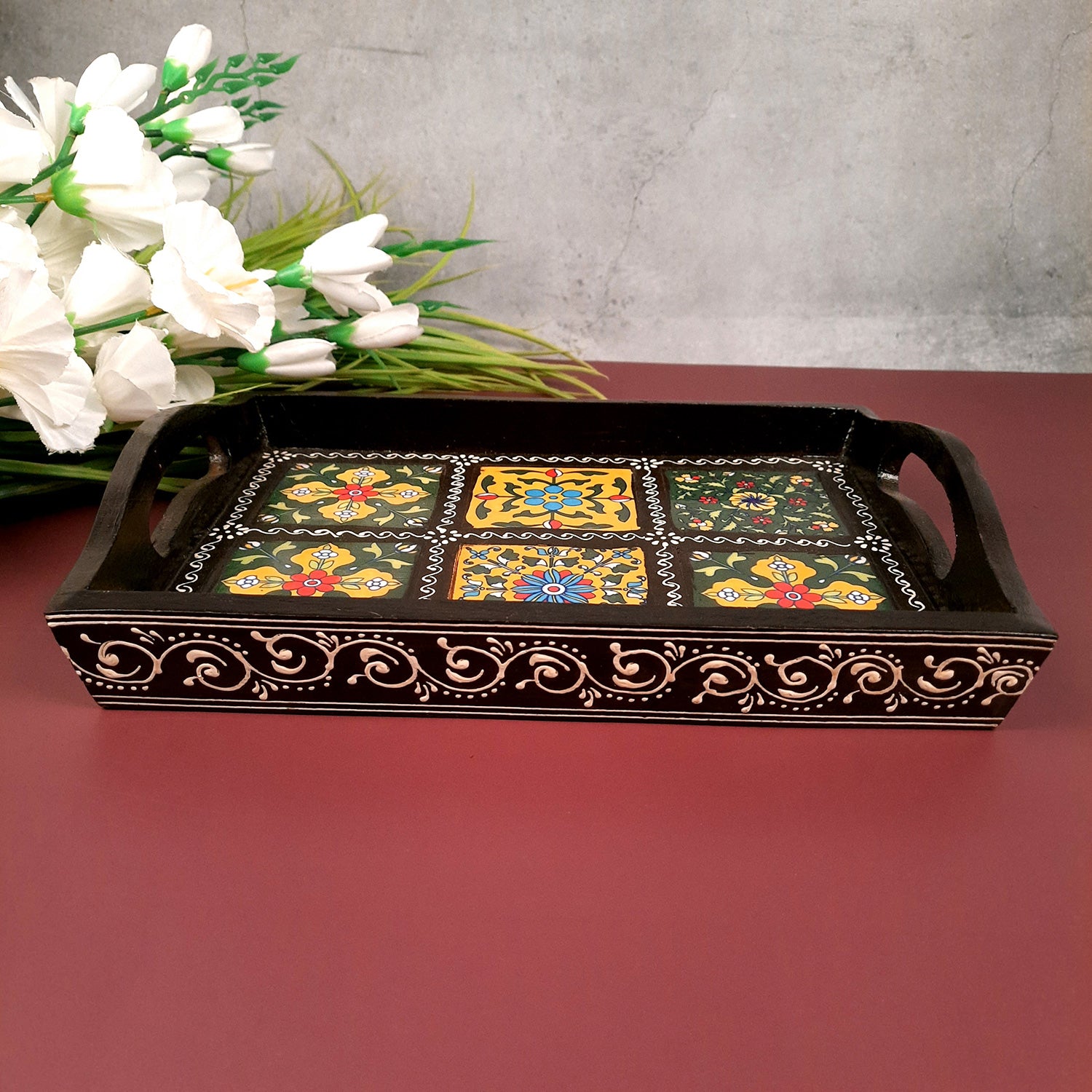 Serving Tray With In Built Ceramic Tiles | Tea & Snacks Serving Platter Wooden | Tray With Handles - for Home, Dining Table, Kitchen Decor, Restaurants, Office, Cafe & Gifts - 12 Inch - Apkamart