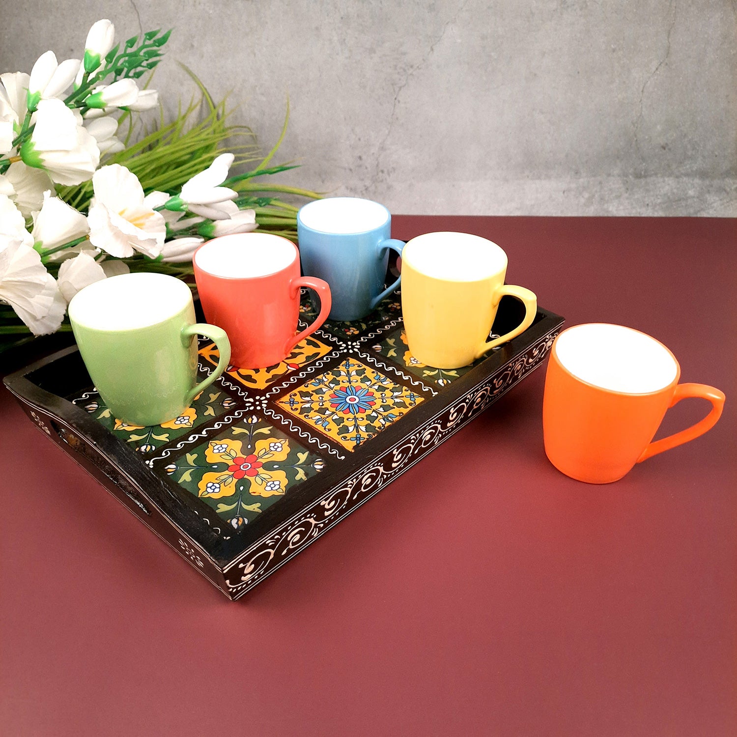 Serving Tray With In Built Ceramic Tiles | Tea & Snacks Serving Platter Wooden | Tray With Handles - for Home, Dining Table, Kitchen Decor, Restaurants, Office, Cafe & Gifts - 12 Inch - Apkamart