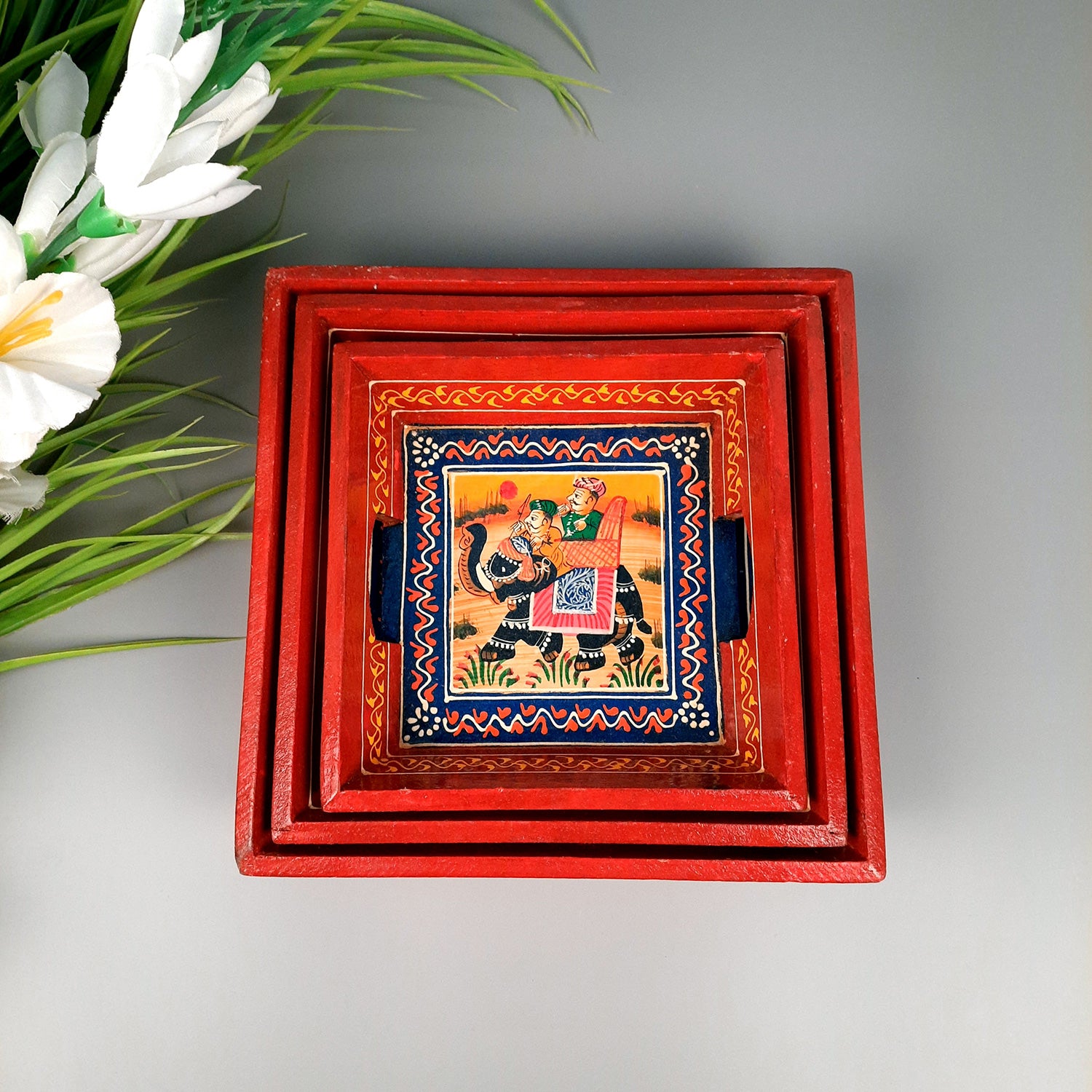 Wooden Serving Tray Set | Tea & Snacks Serving Platter - for Home, Dining Table, Kitchen Decor - (Wood, Red) (Set of 3)- Apkamart