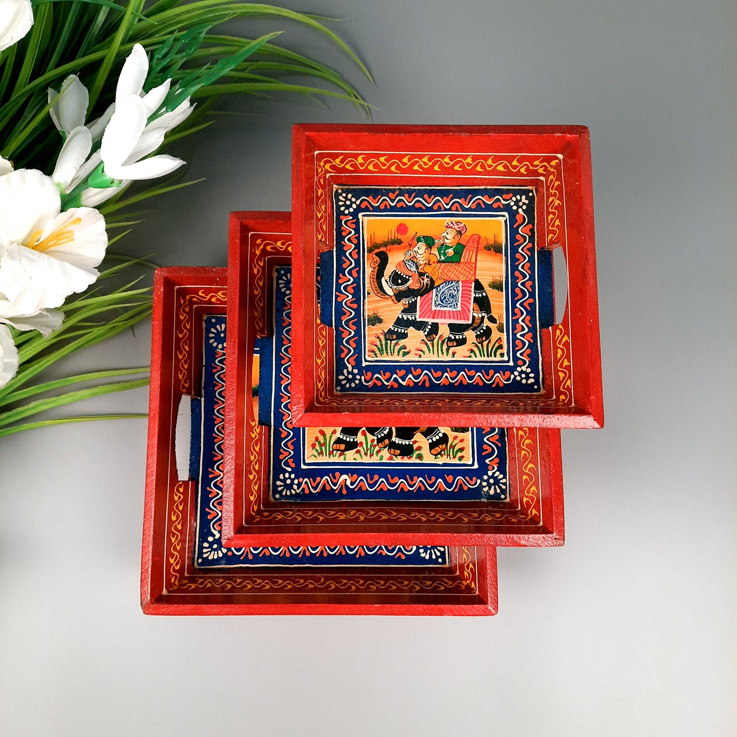 Wooden Serving Tray Set | Tea & Snacks Serving Platter - for Home, Dining Table, Kitchen Decor - (Wood, Red) (Set of 3)- Apkamart