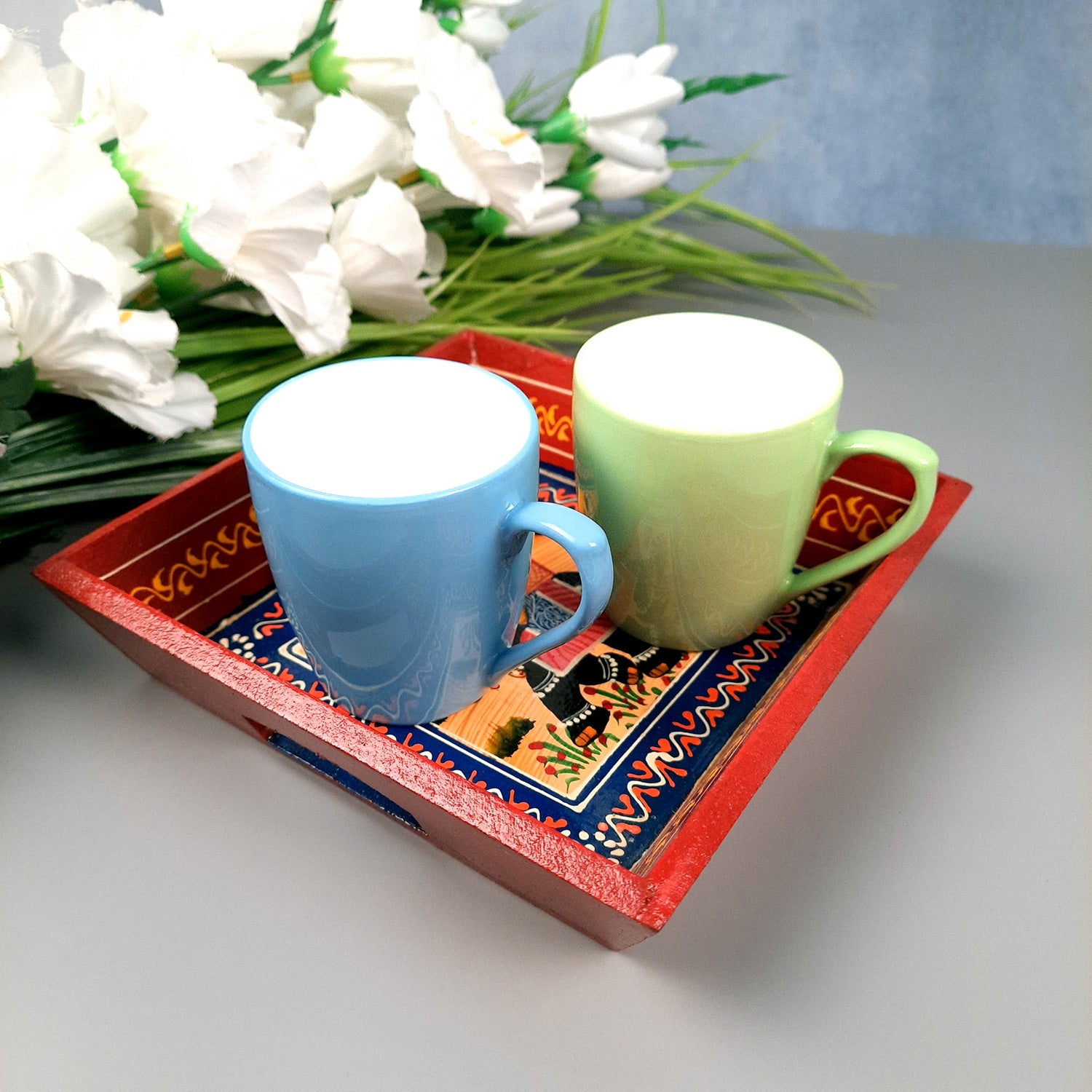 Wooden Serving Tray Set | Tea & Snacks Serving Platter - for Home, Dining Table, Kitchen Decor - (Wood, Red) (Set of 3)- Apkamart
